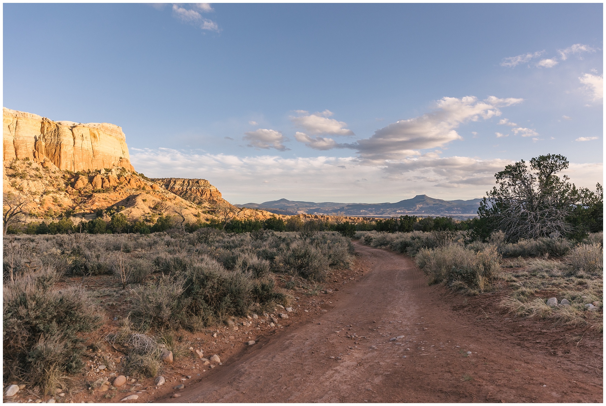 view of Pedernal at sunset at Georgia O'Keeffe's Ghost Ranch near Abiquiu New Mexico