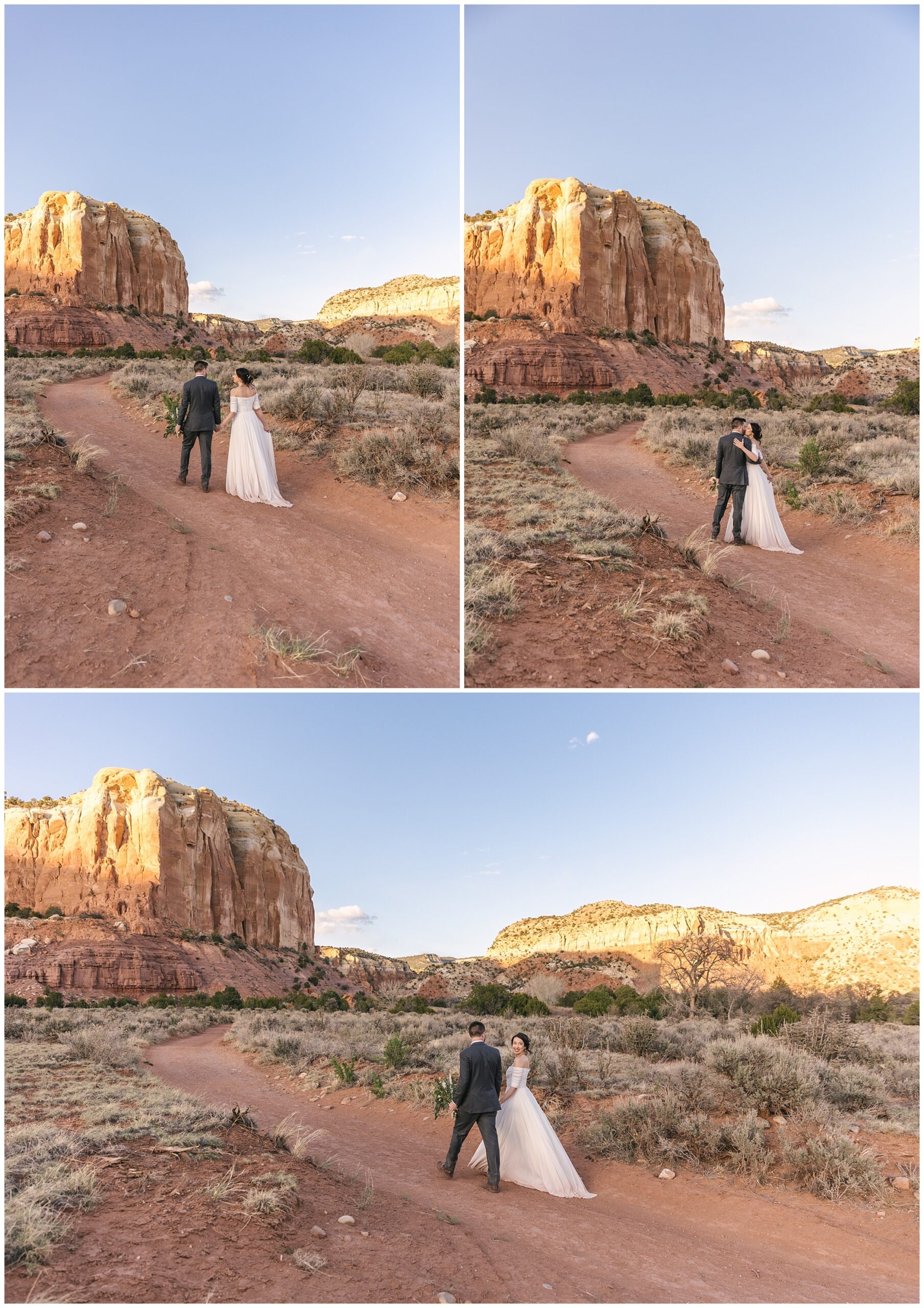bride and groom walking on trail at sunset at Georgia O'Keeffe's Ghost Ranch wedding venue
