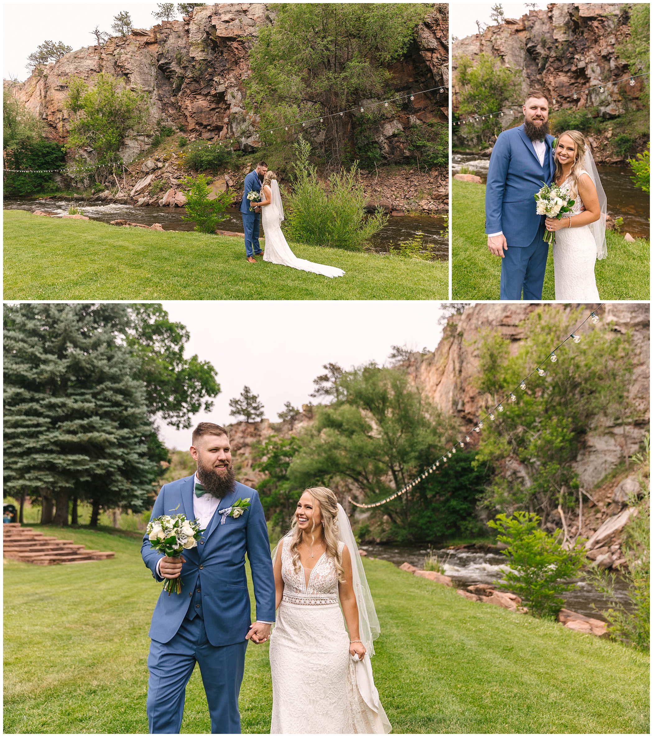 bride and groom portraits at River Bend wedding venue at Lyons Farmette