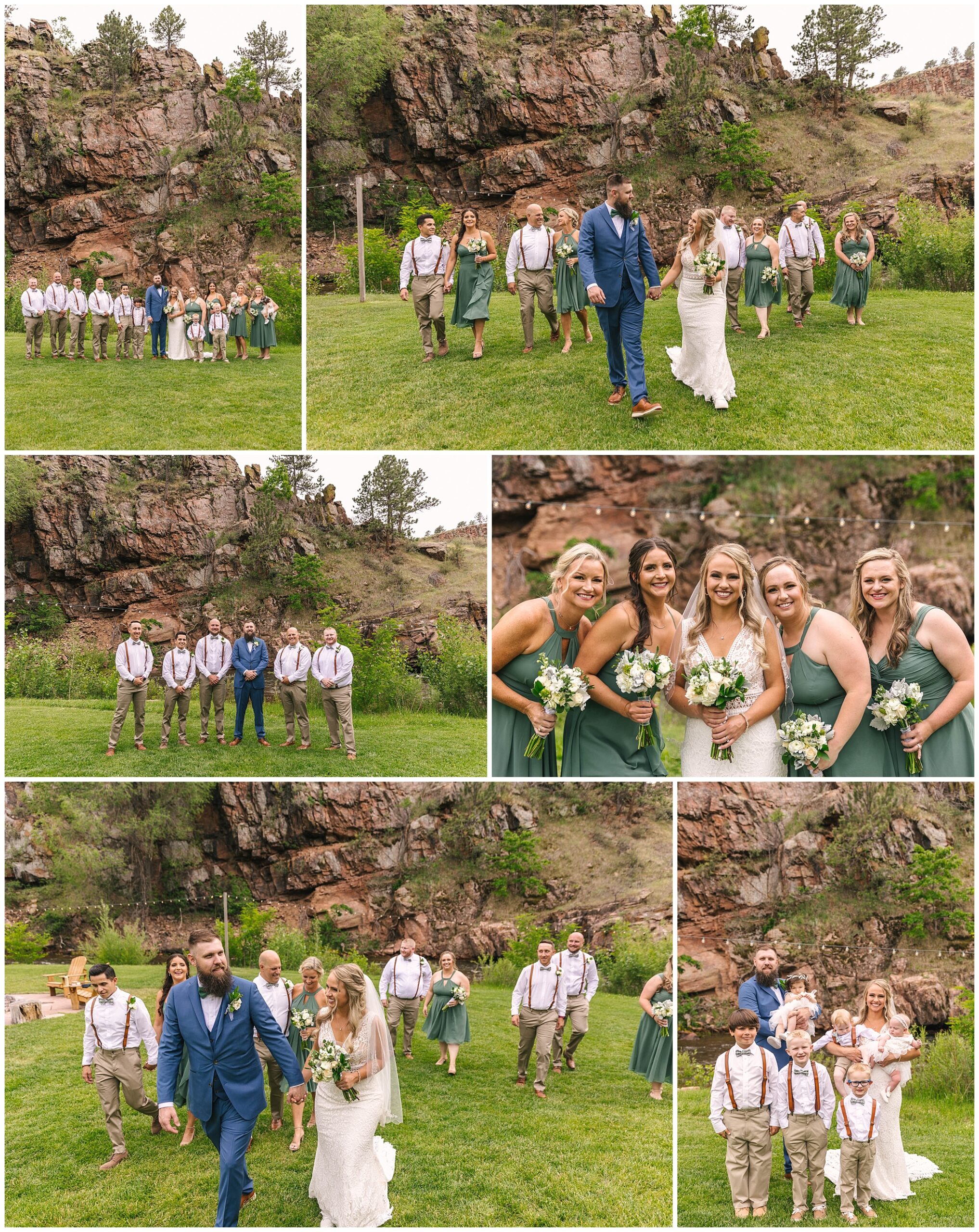 casual wedding party in green and white at River Bend wedding venue at Lyons Farmette