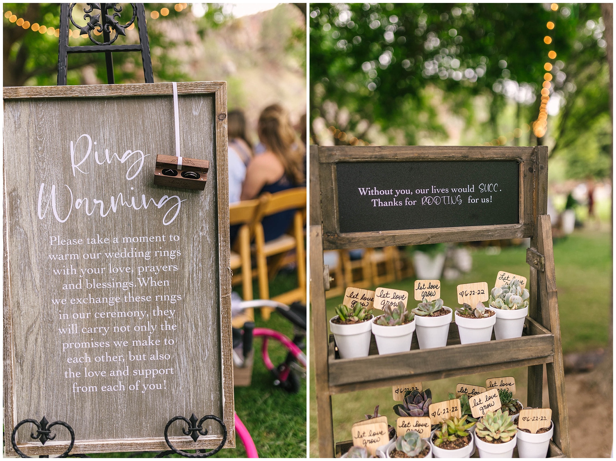 succulent wedding favors and a ring warming tradition for bright greenery wedding at River Bend Lyons Farmette