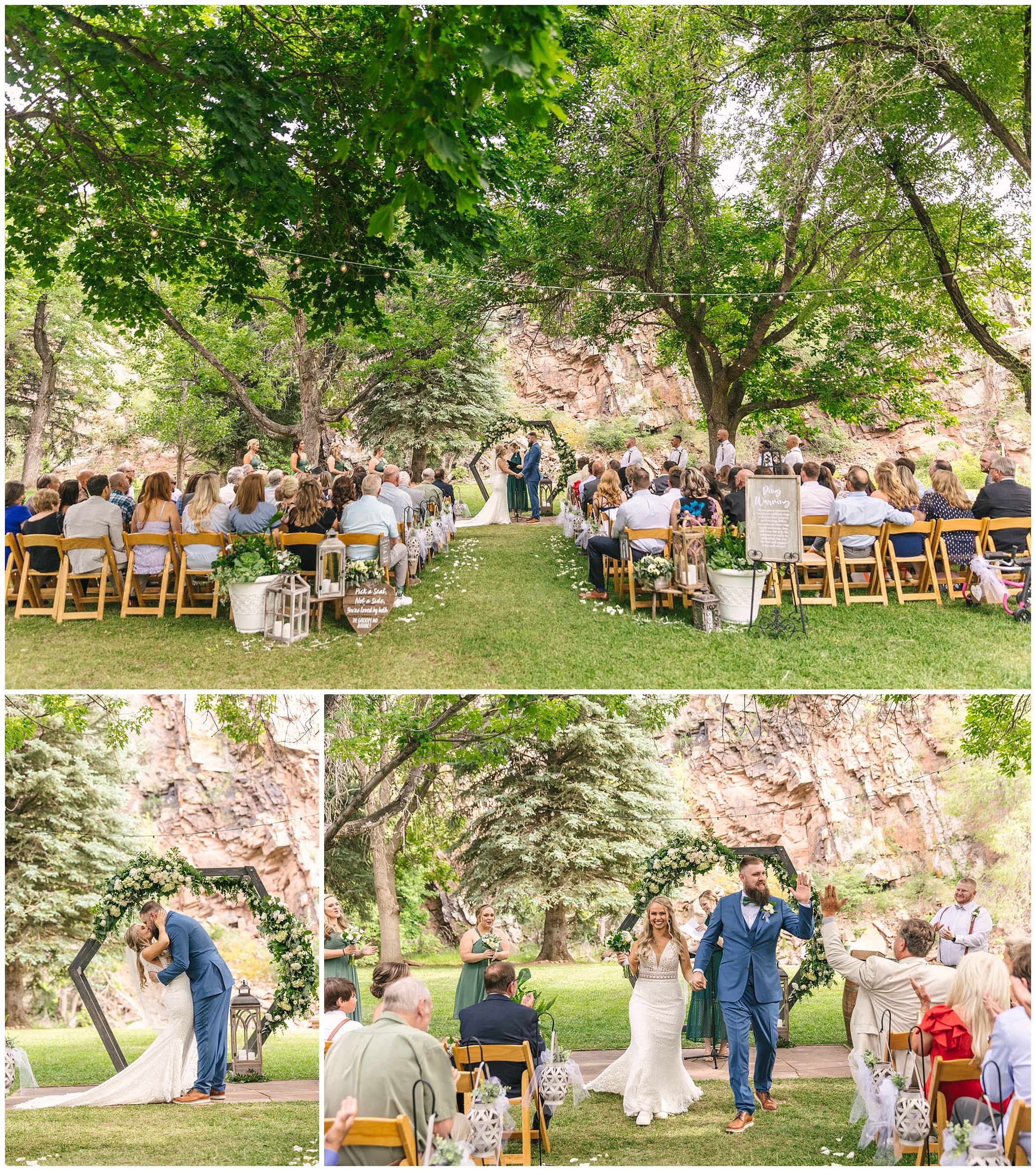 River Bend wedding ceremony under cottonwood trees at Lyons Farmette