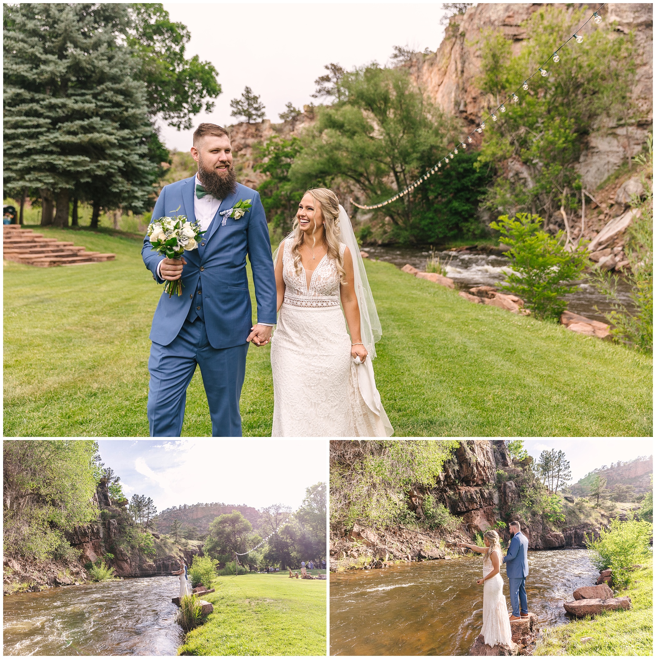 bride and groom beside the river at River Bend wedding venue at Lyons Farmette
