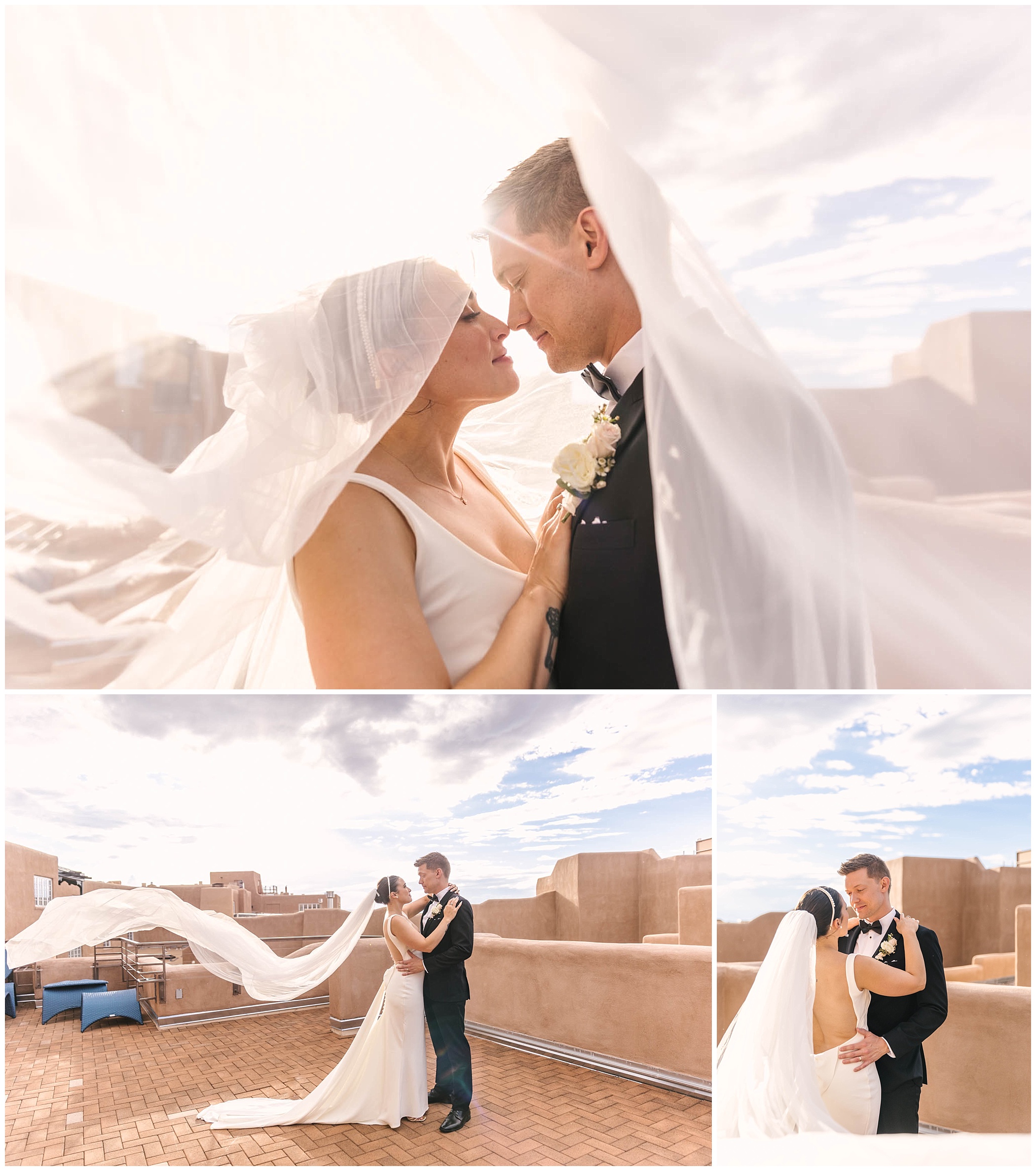 Golden hour bride and groom portraits on adobe rooftop at La Fonda on the Plaza wedding in Santa Fe New Mexico