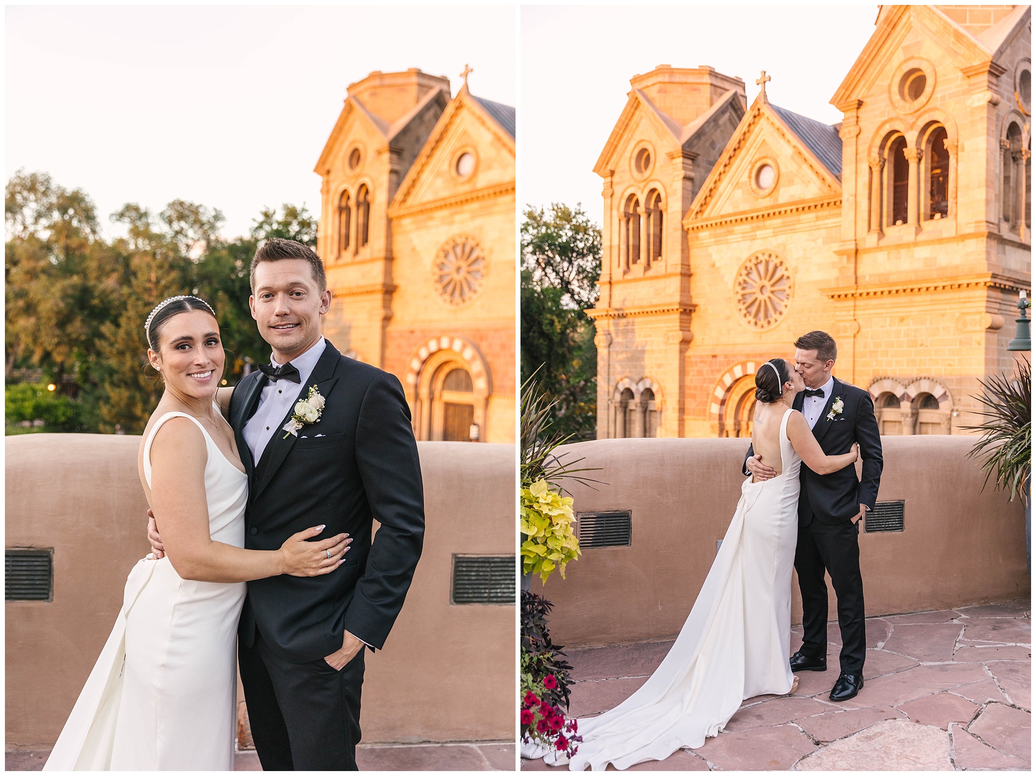 Sunset portraits of bride and groom at La Fonda on the Plaza wedding by Santa Fe Cathedral Basilica