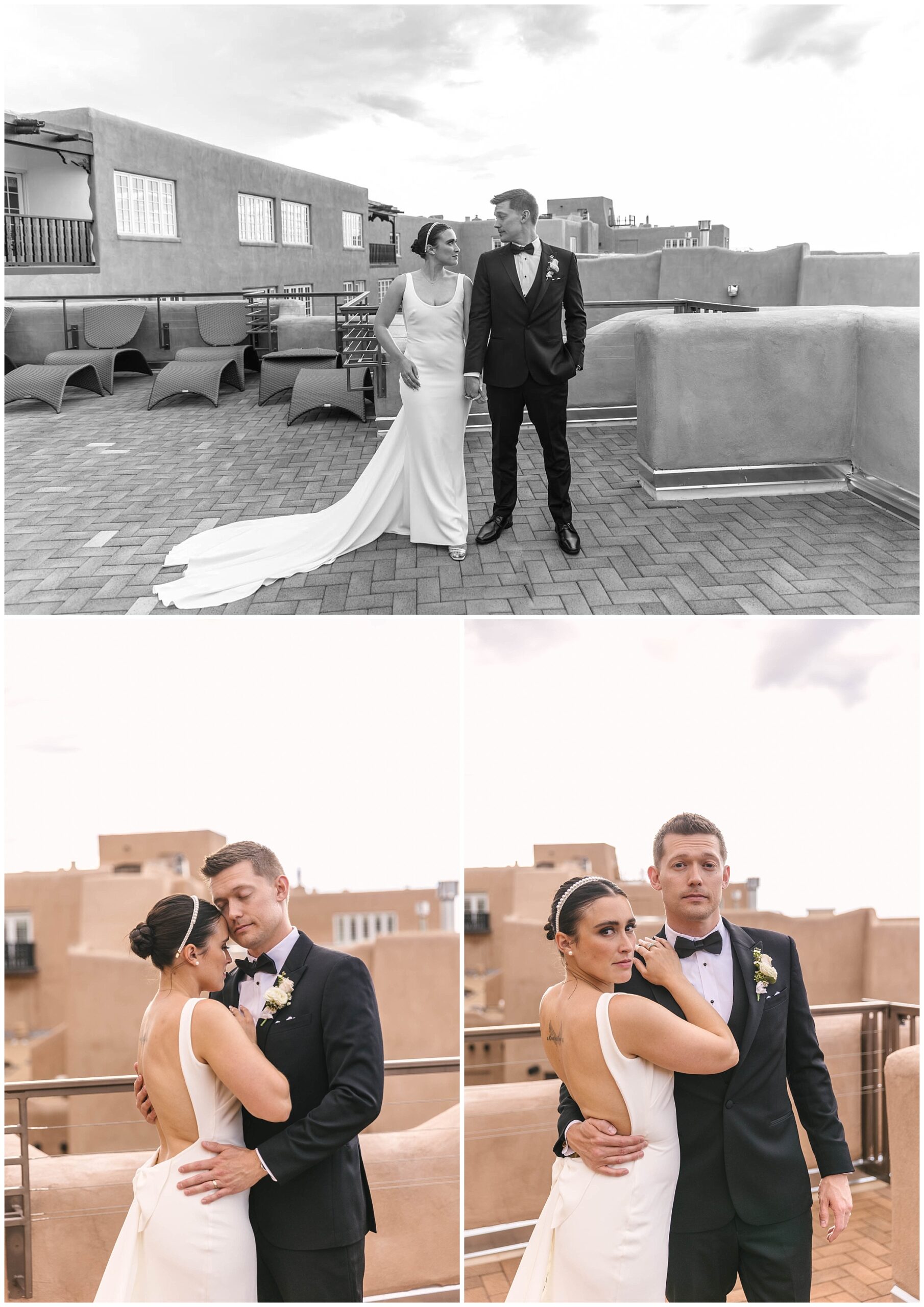Classic and chic bride and groom portraits on adobe rooftop at La Fonda on the Plaza wedding in Santa Fe New Mexico