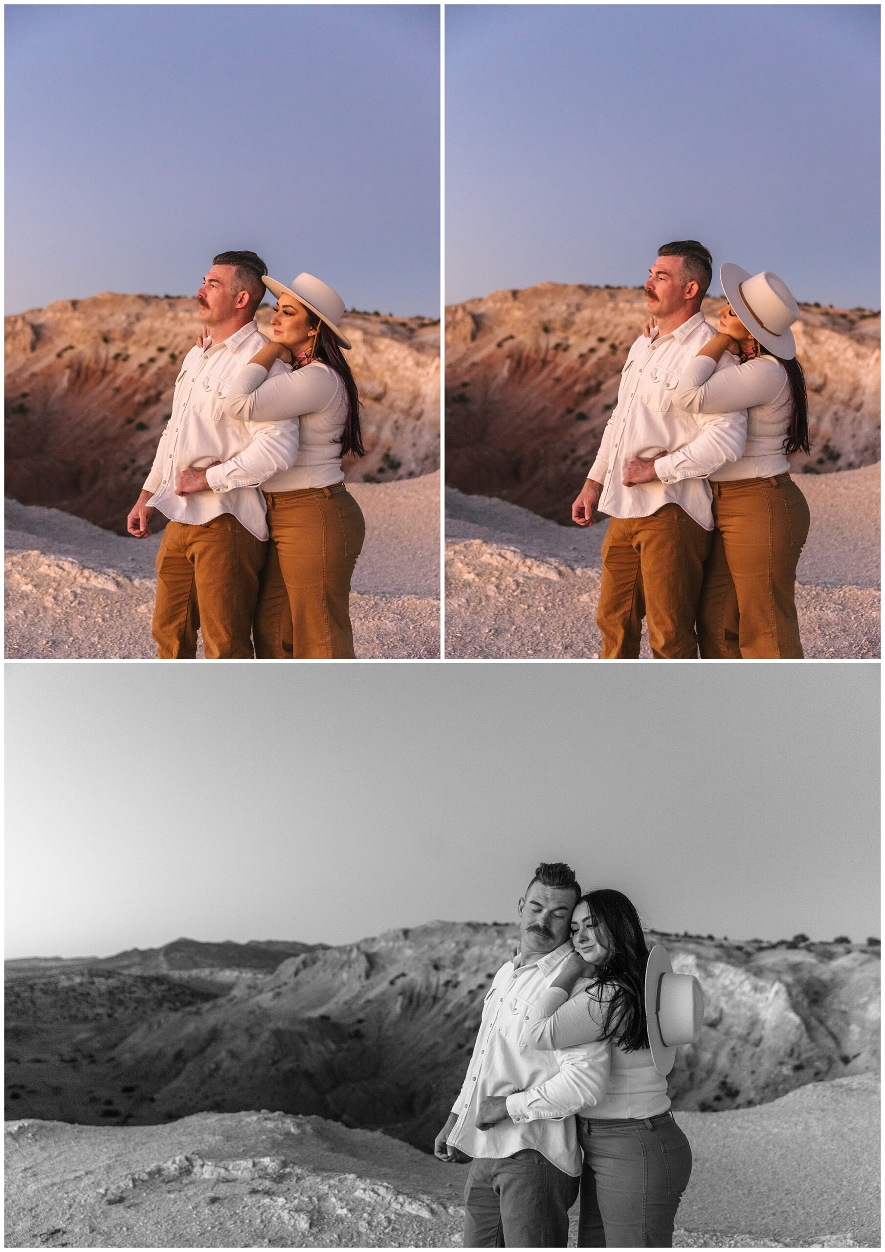 couple standing over canyon at sunset for White Ridge engagement in New Mexico