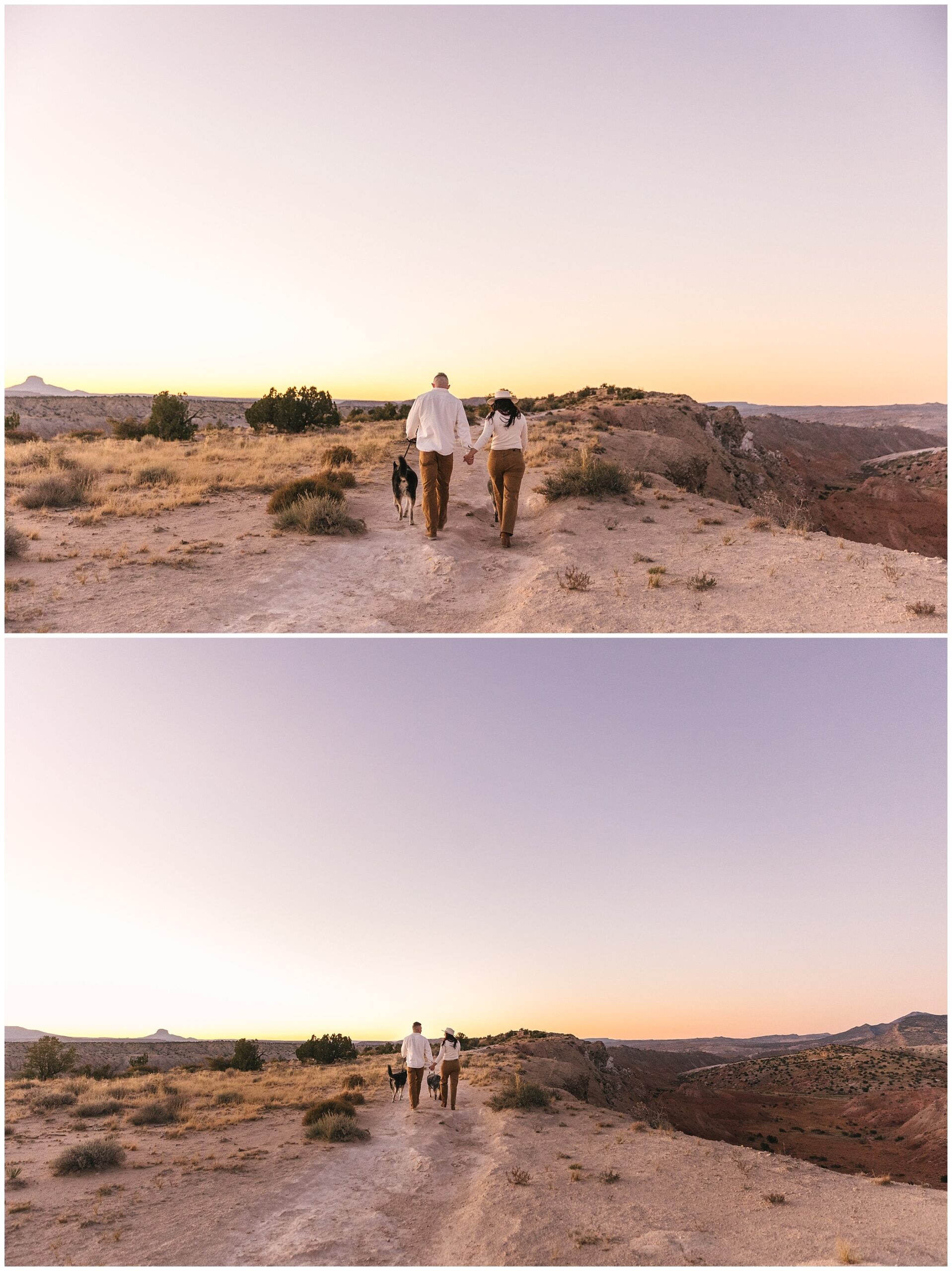 couple walking along canyon at sunset for White Ridge engagement in New Mexico