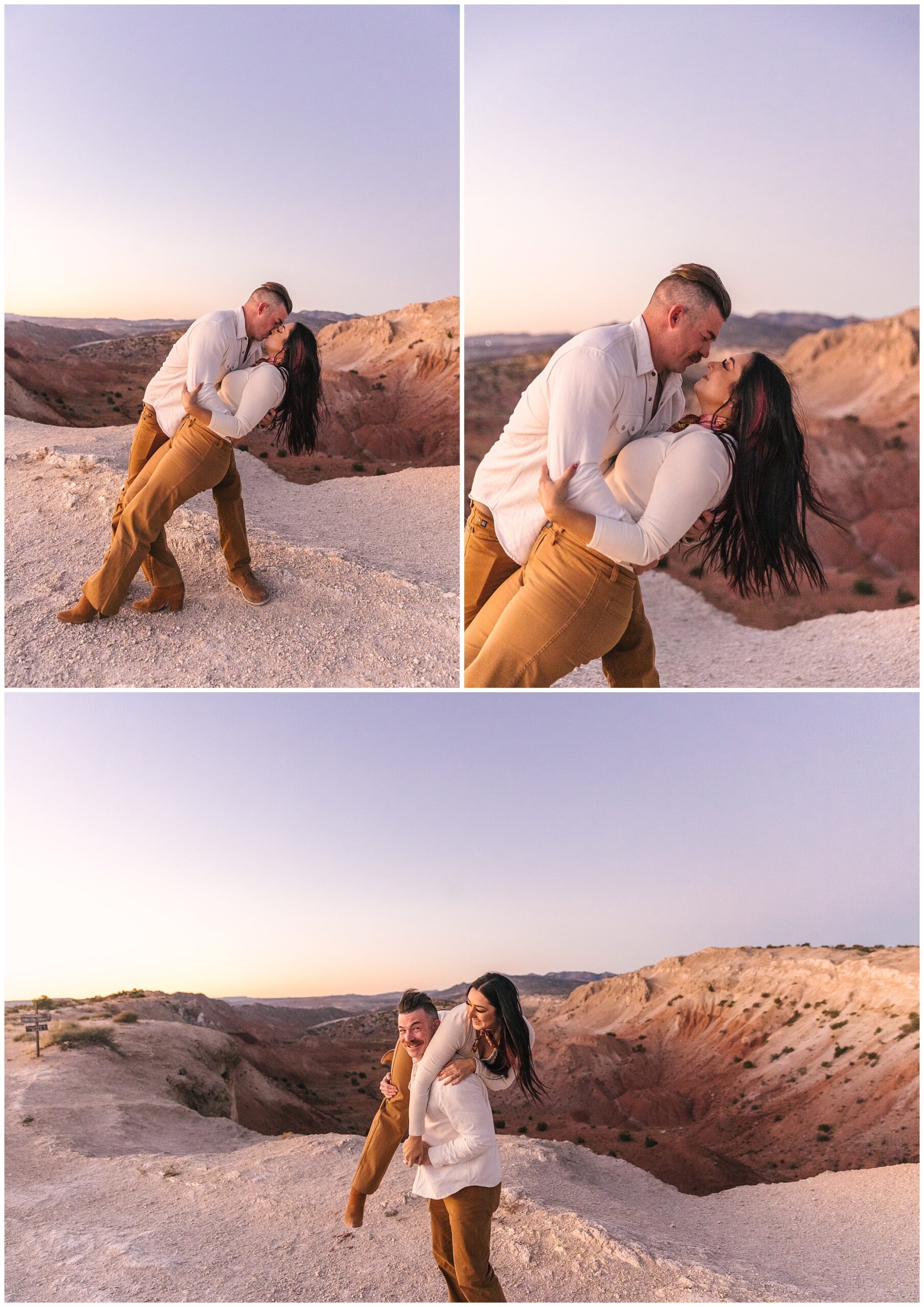 couple kissing over canyon at sunset for White Ridge engagement in New Mexico