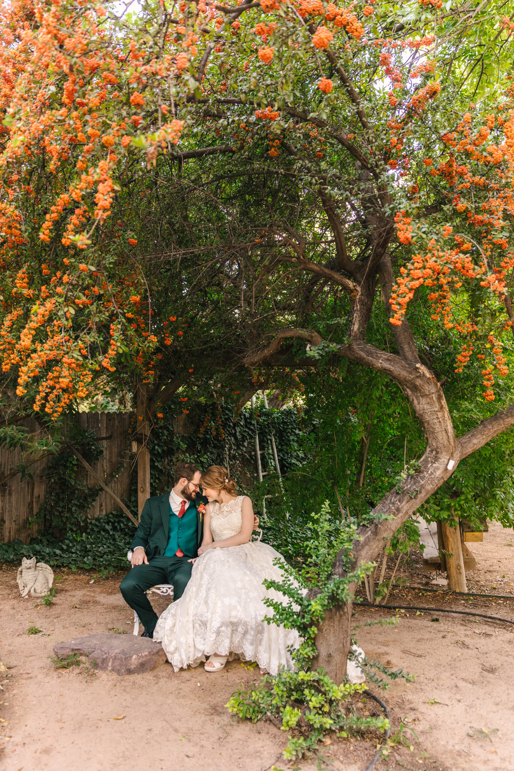 pyracantha trees in full orange berry beauty at El Pinto Restaurant wedding