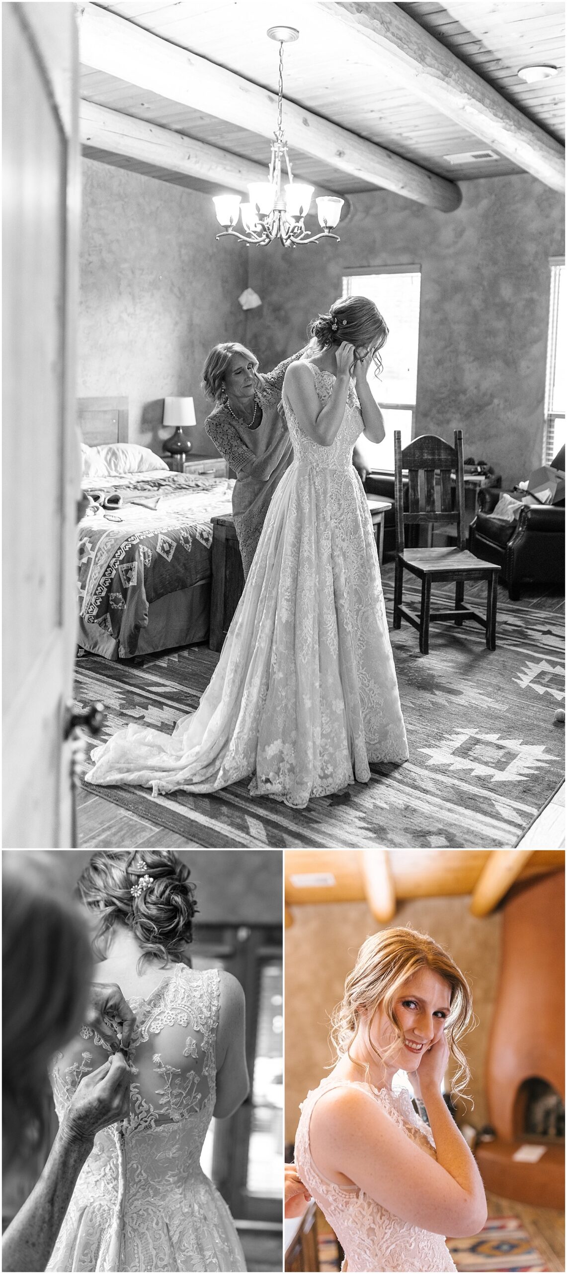 bride putting on her wedding dress in North Valley home in Albuquerque