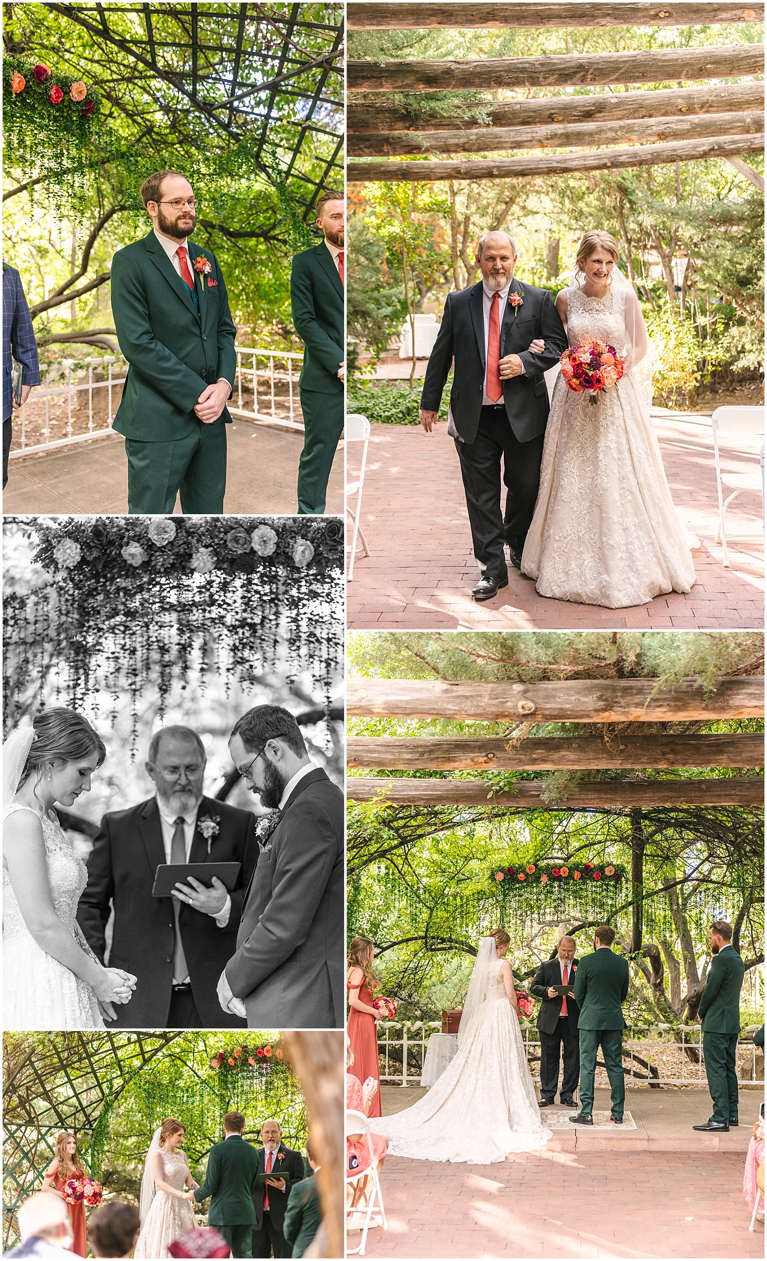 summer wedding ceremony in the green trees at El Pinto Restaurant in Albuquerque