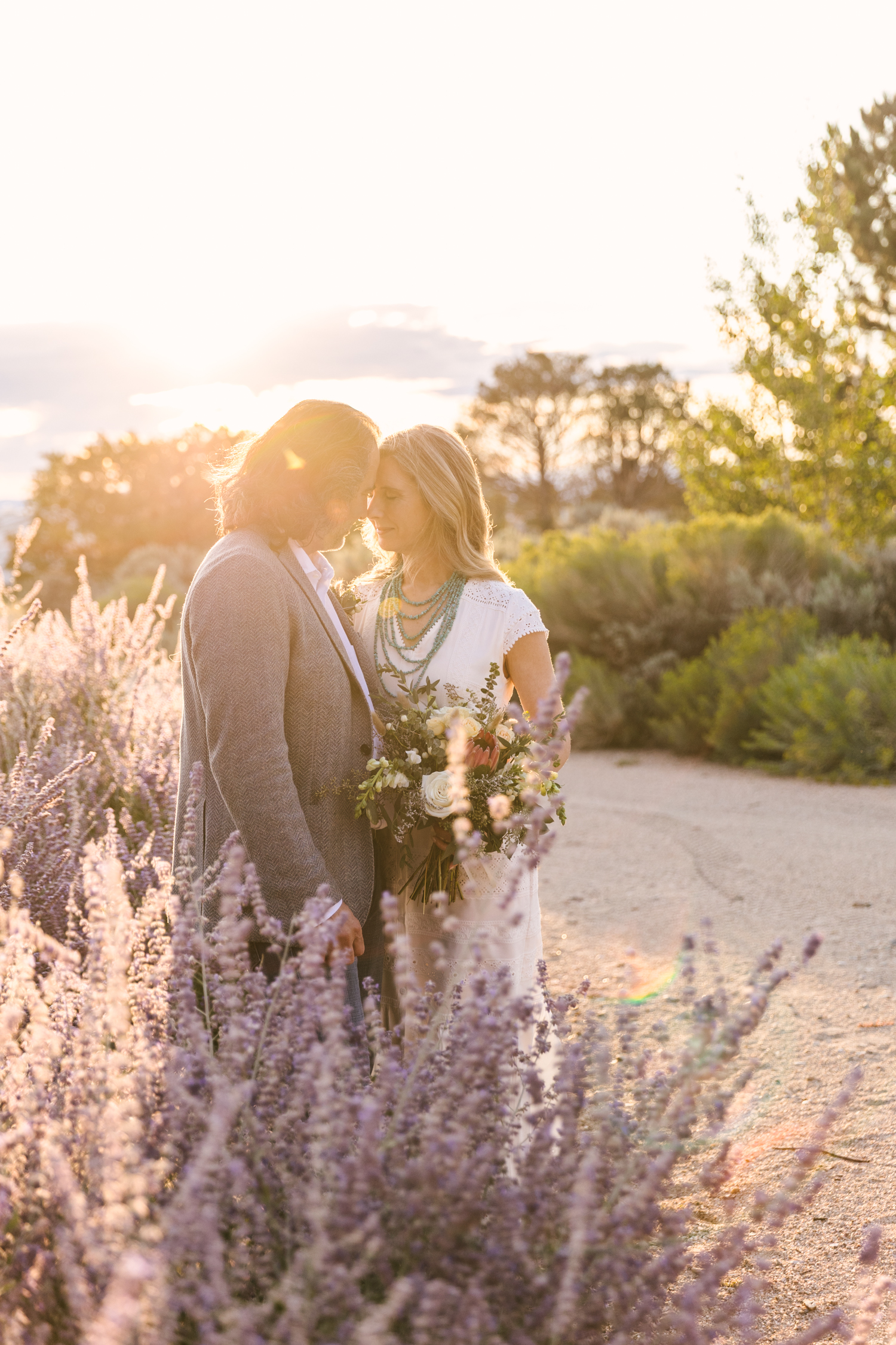 intimate elopement couple portraits at sunset in purple sage blooms in Taos New Mexico