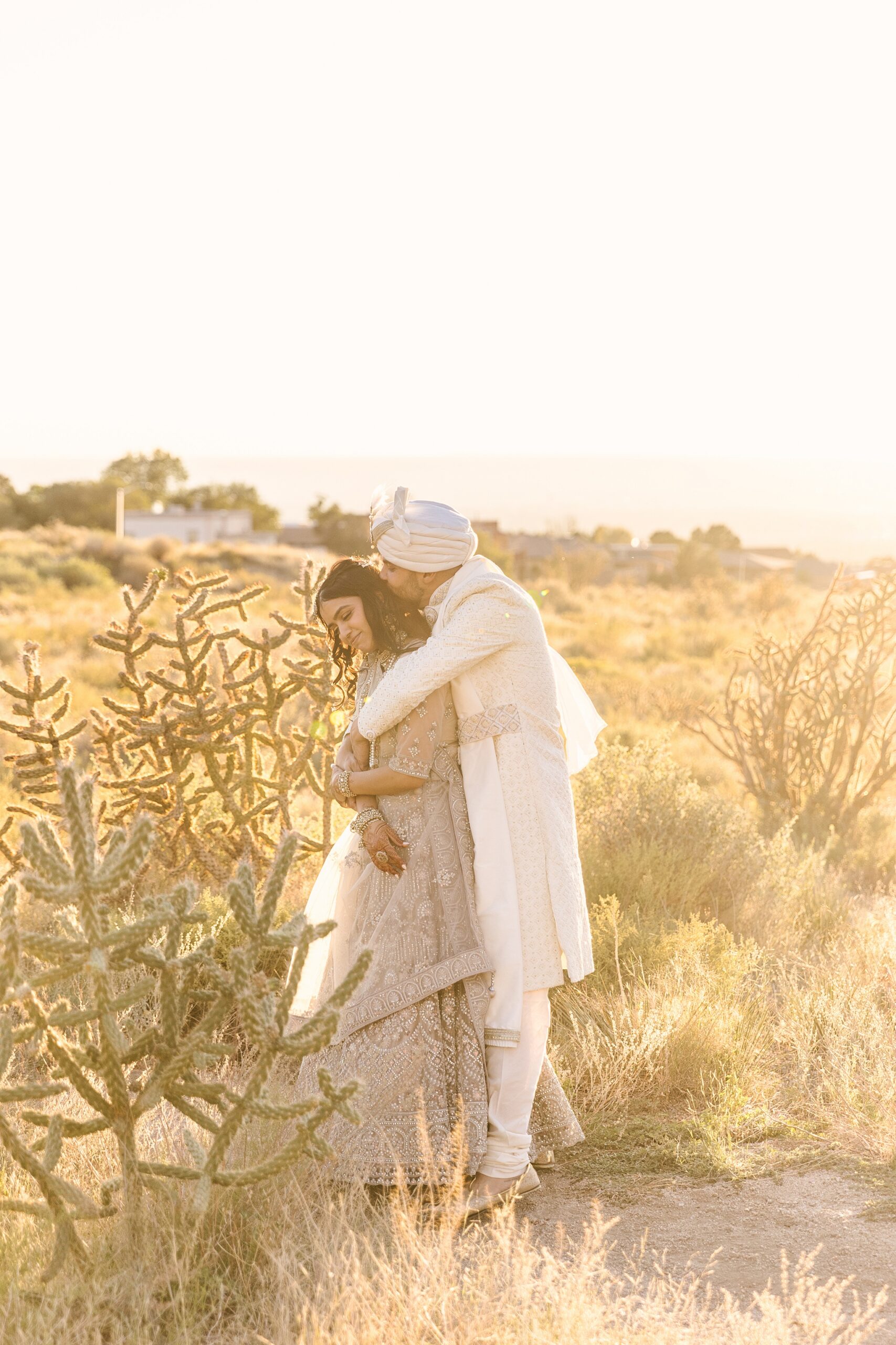 sunny golden hour wedding portraits in Albuquerque foothills