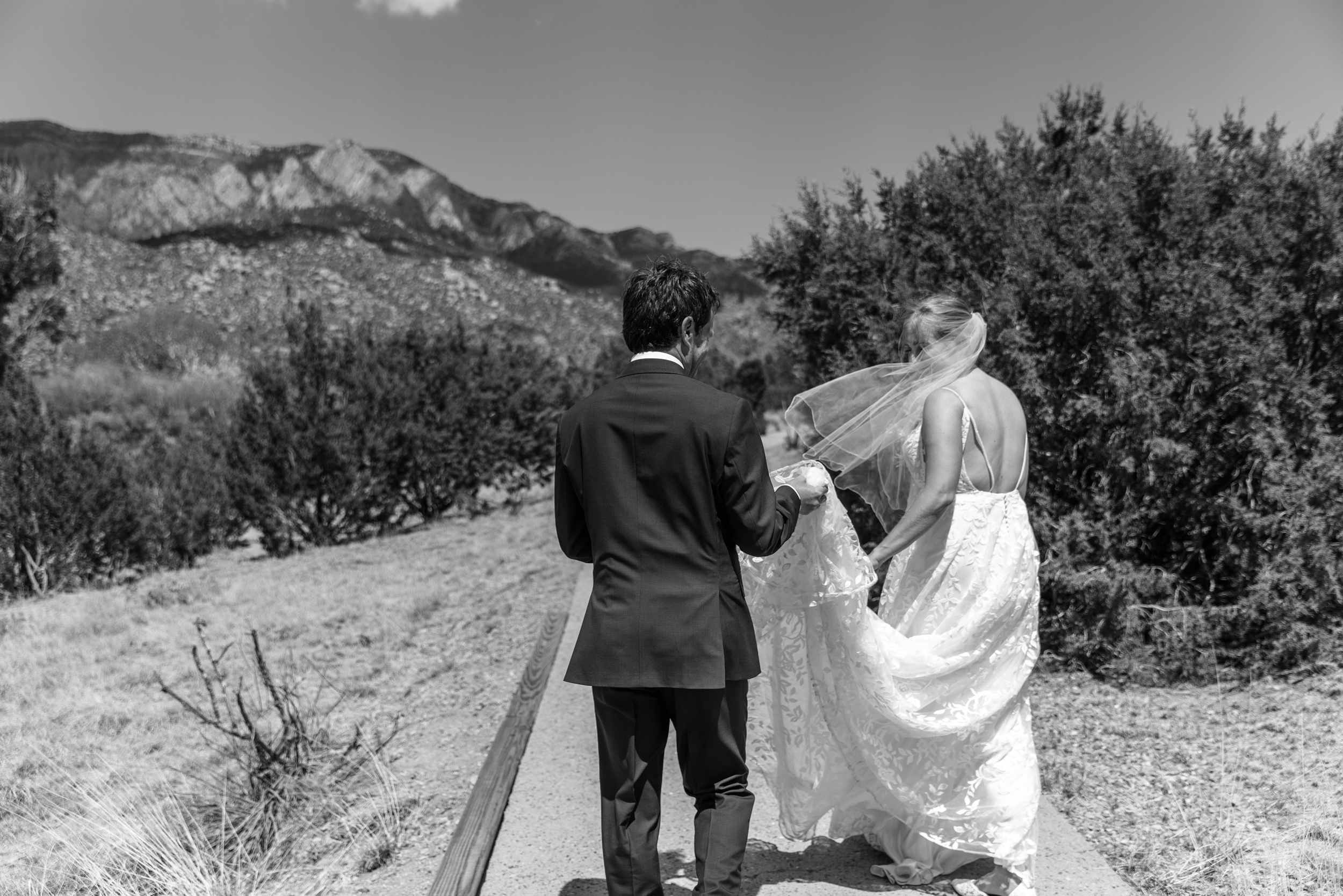 windblown bride and groom