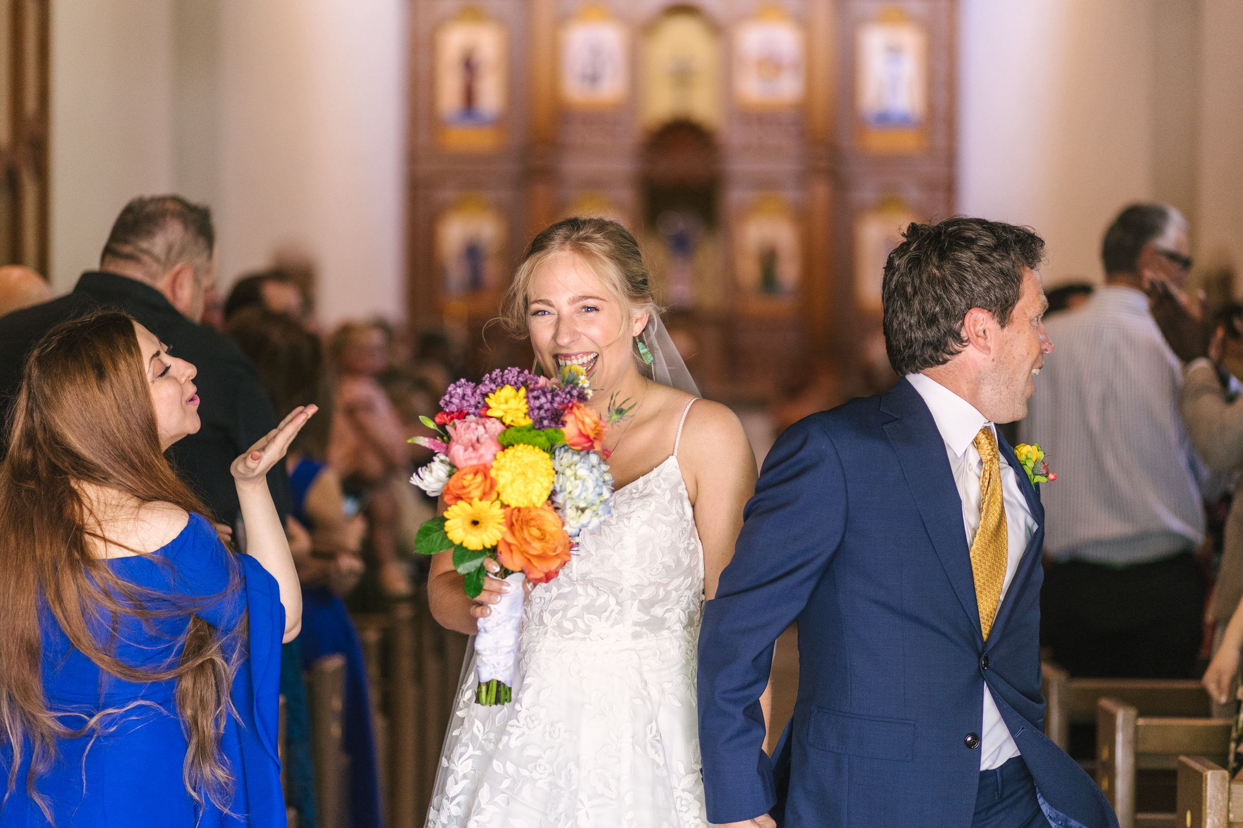 bride and groom just married at UNM Alumni Chapel in Albuquerque