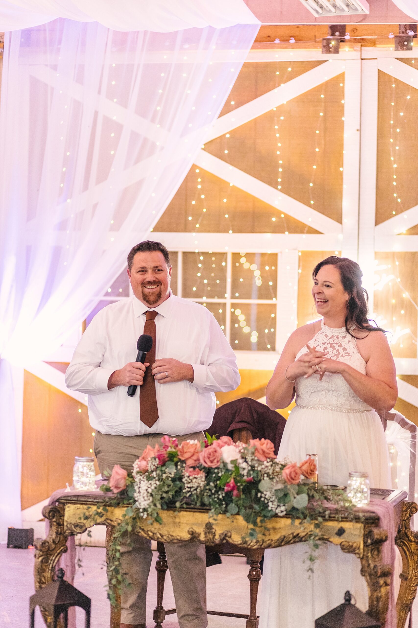 bride and groom make speech at Old Town Farm wedding