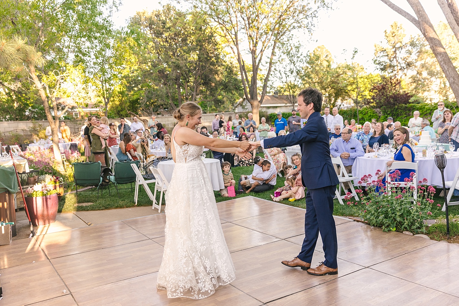 bride and groom's first dance at backyard wedding in Albuquerque