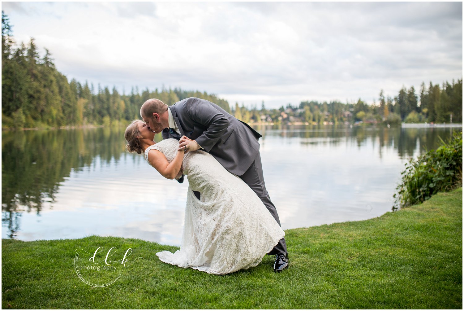 Bride and groom portraits at Lake Wilderness, Washington