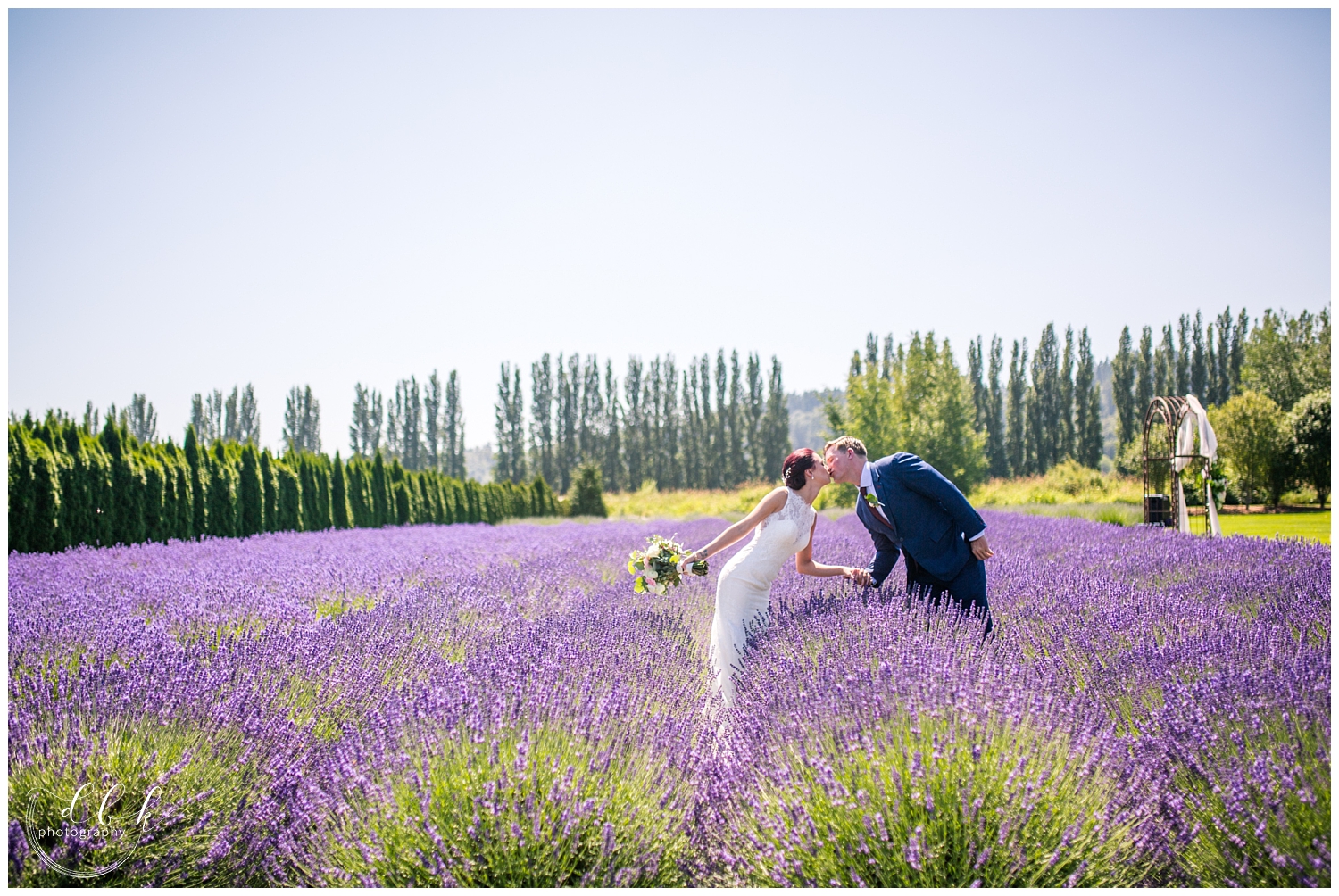 bride and groom kissing in field of lavender at Woodinville Lavender wedding