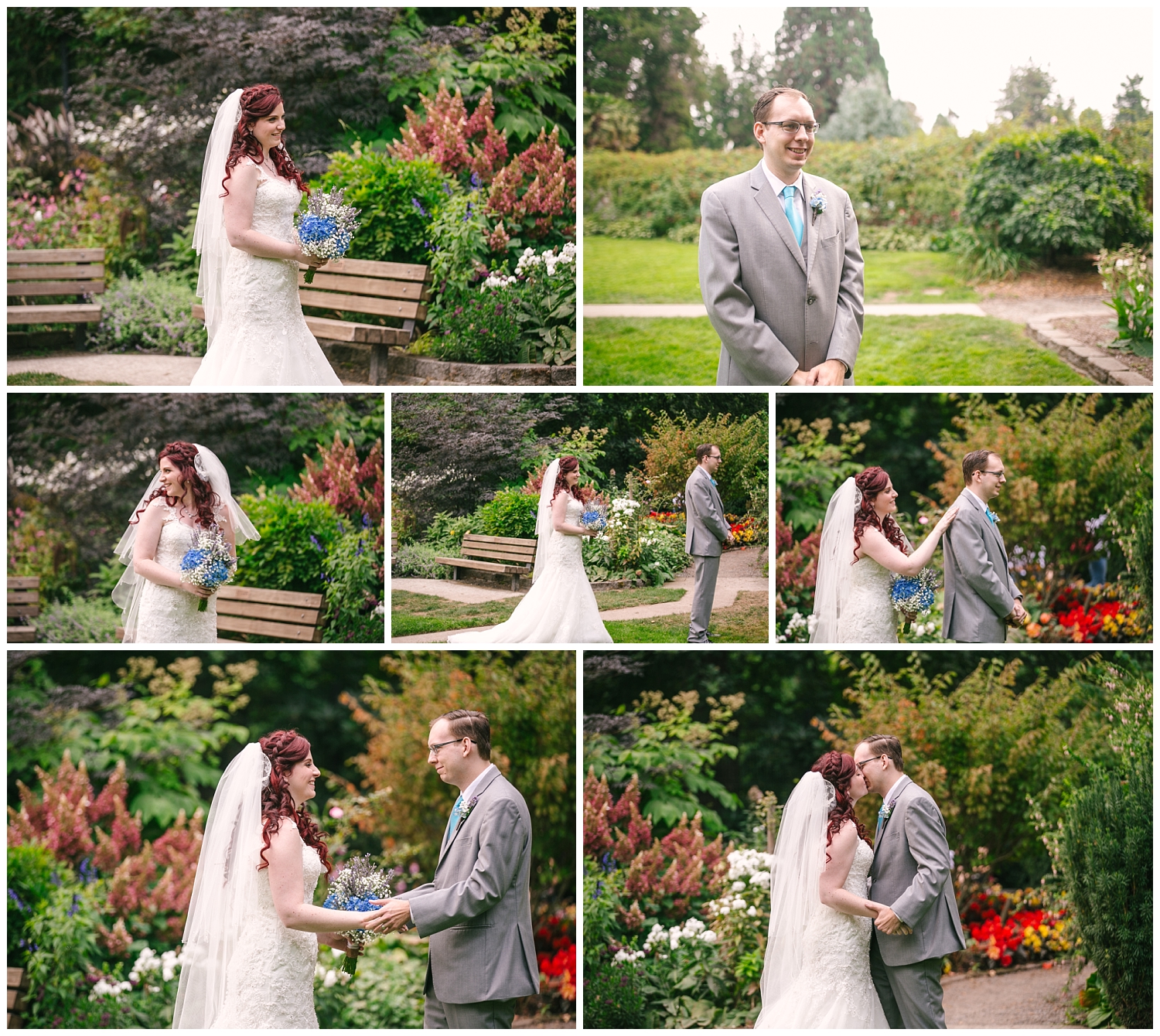 Bride and Groom First Look at Point Defiance Park Rose Garden in Tacoma, WA