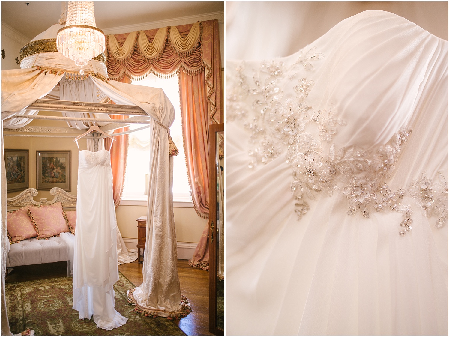 Wedding dress hanging in the bridal suite at Jefferson Street Mansion wedding in Benicia California
