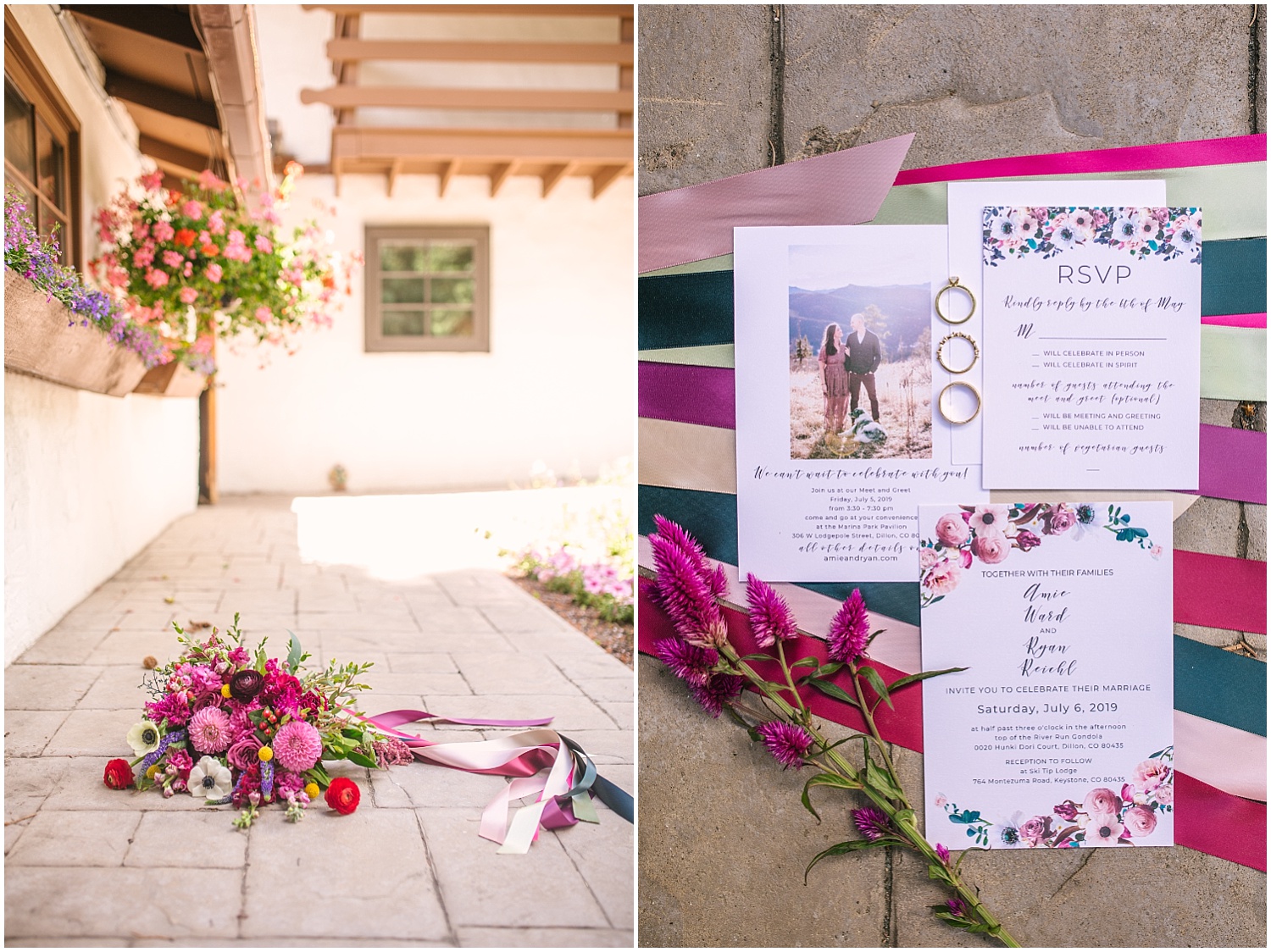 Flowers, rings, and invitations for Ski Tip Lodge wedding in Keystone Colorado