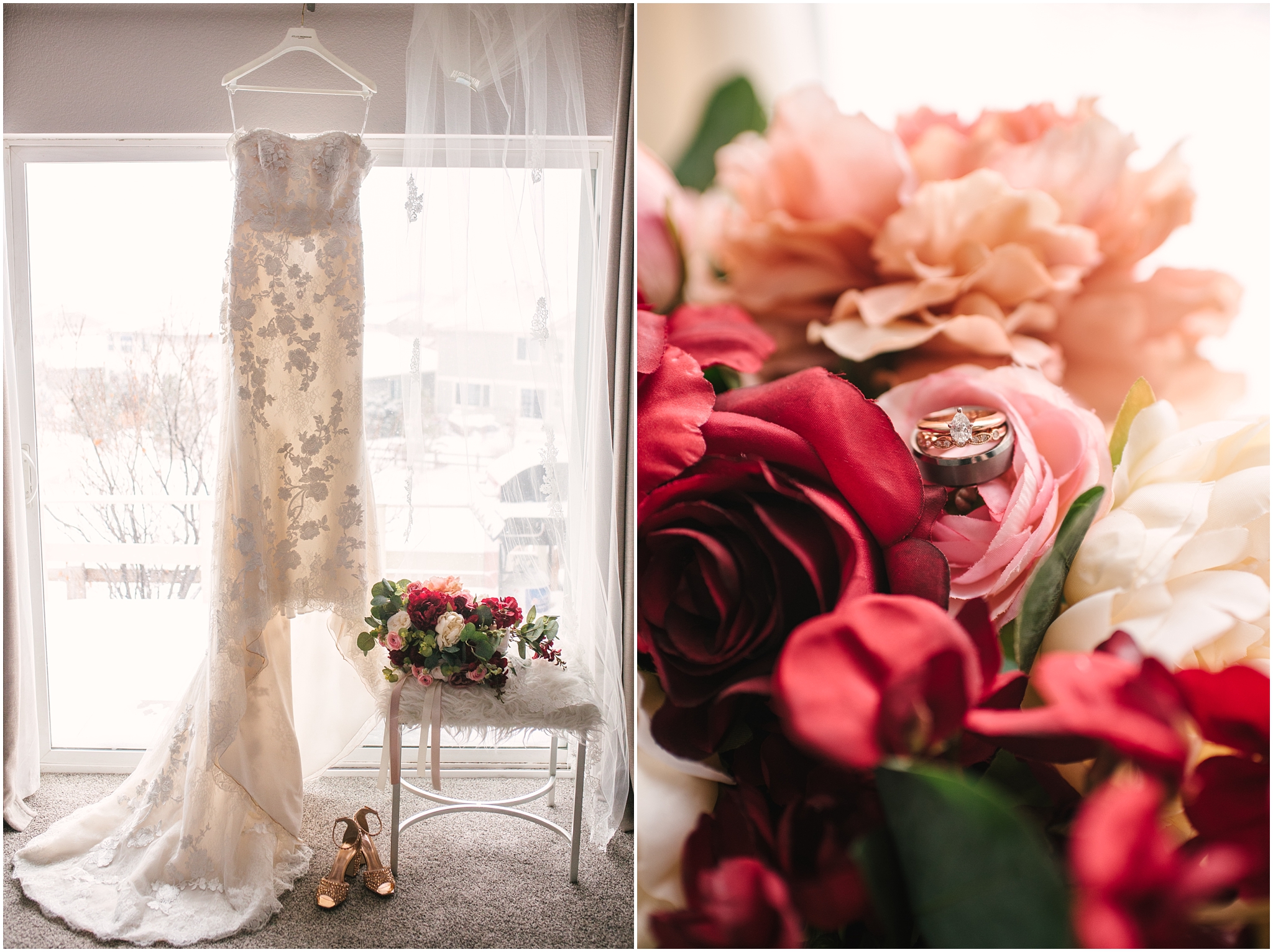 Bridal details for winter wedding: burgundy and pink silk flowers, gold studded shoes, wedding dress by Pronovias