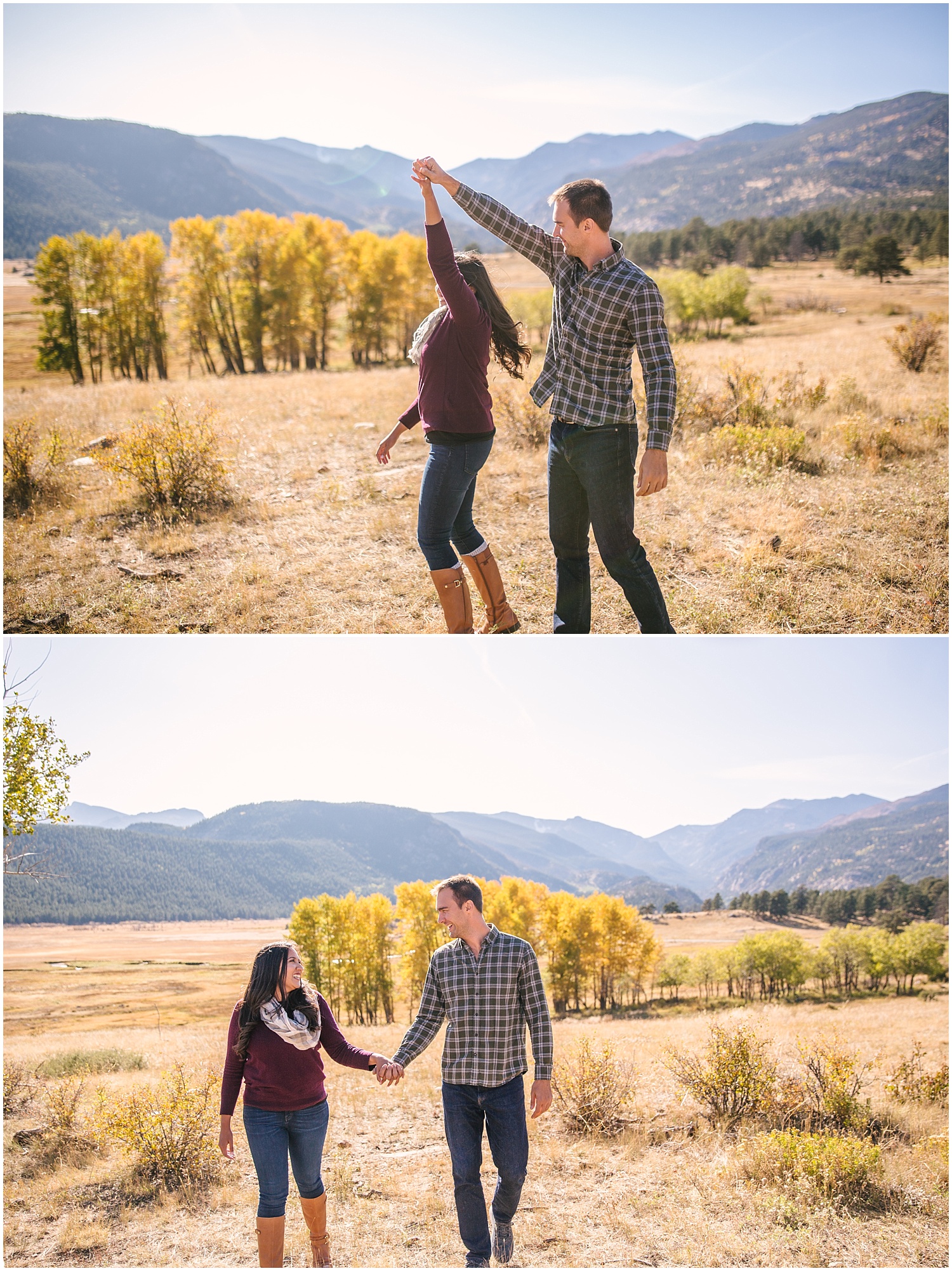 Couple dancing together in the sun at Rocky Mountain National Park for fall engagement