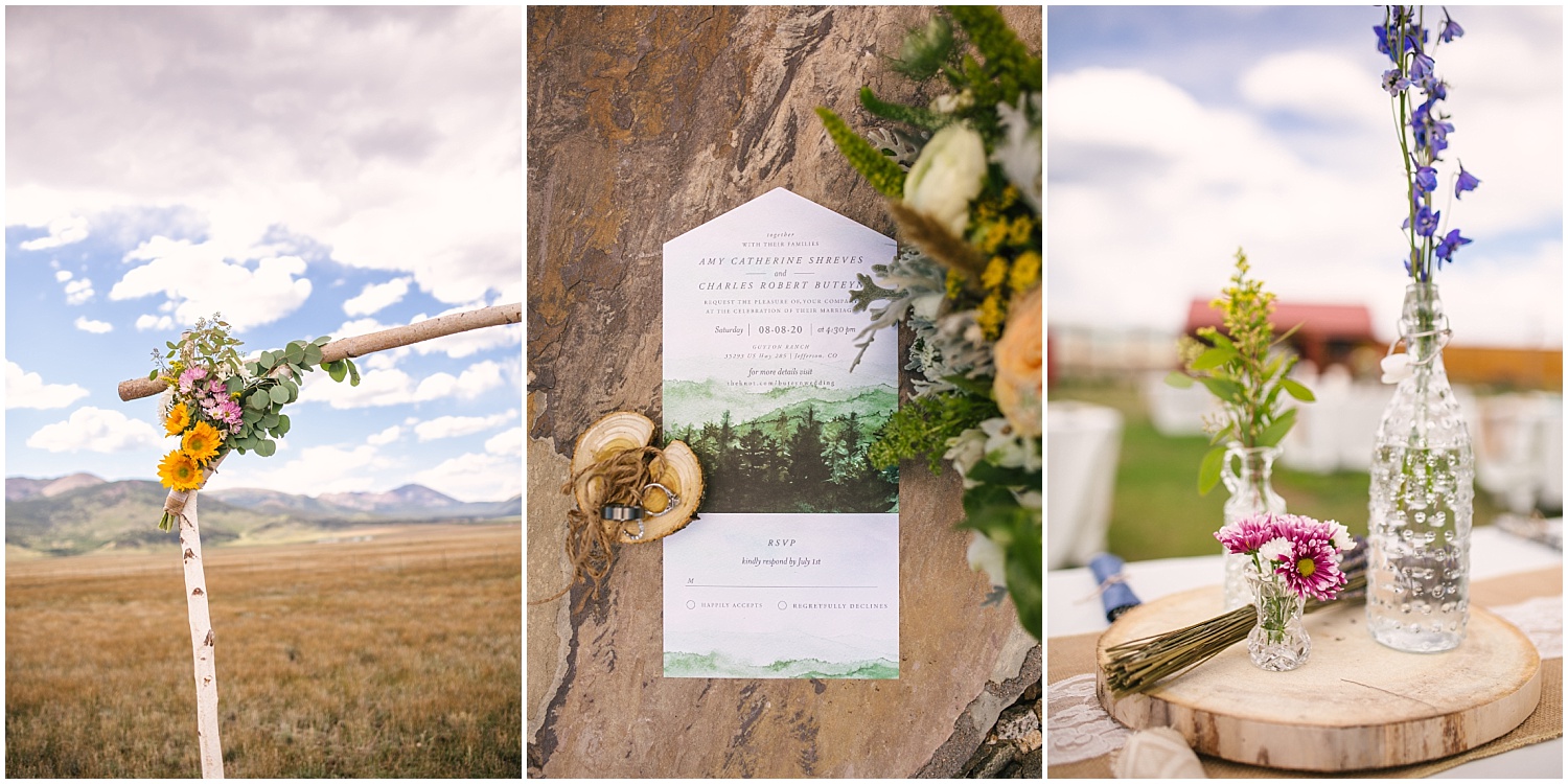 Invitations, details, and decor for summer wedding at Guyton Ranch in Colorado
