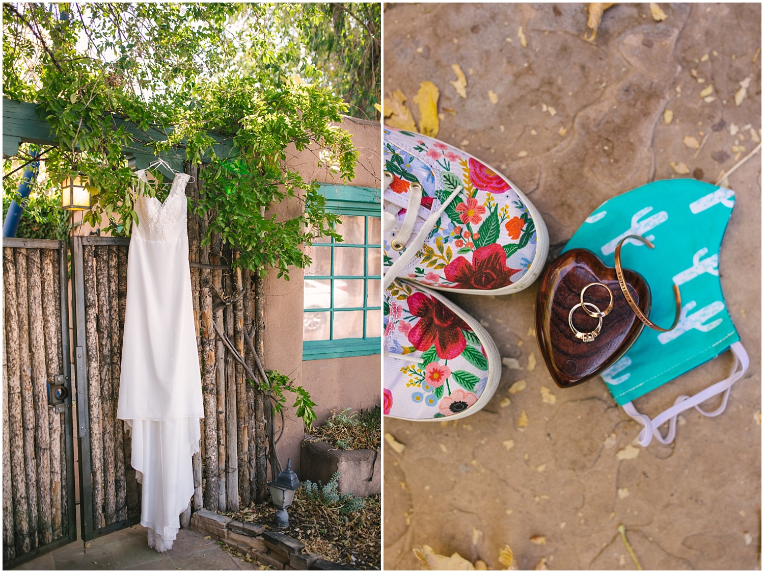 Colorful cactus and floral bridal details for intimate Santa Fe wedding