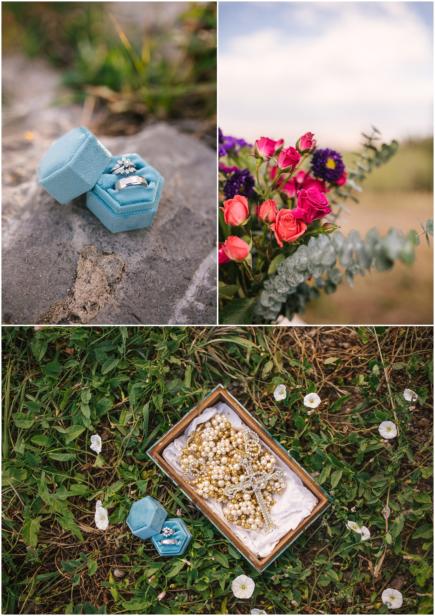 Wedding rings with flowers and rosary for elopement in Sandia mountains