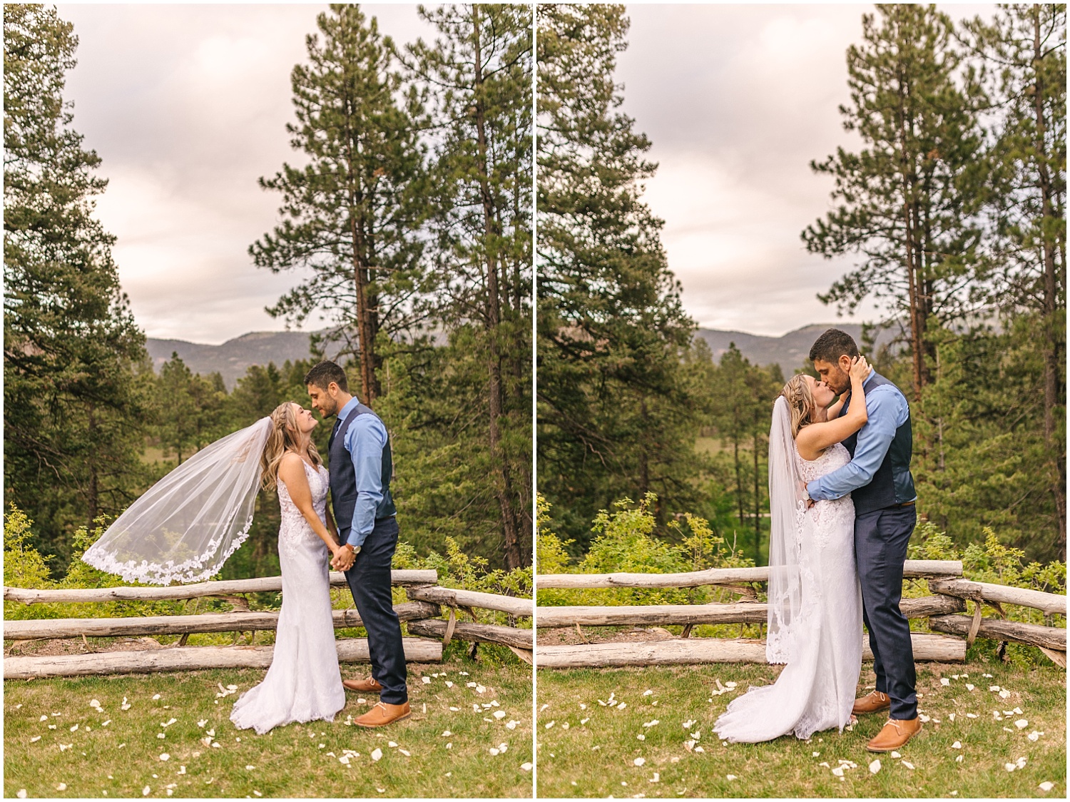 Bride and groom kissing at sunset at their Durango wedding at the Glacier Club