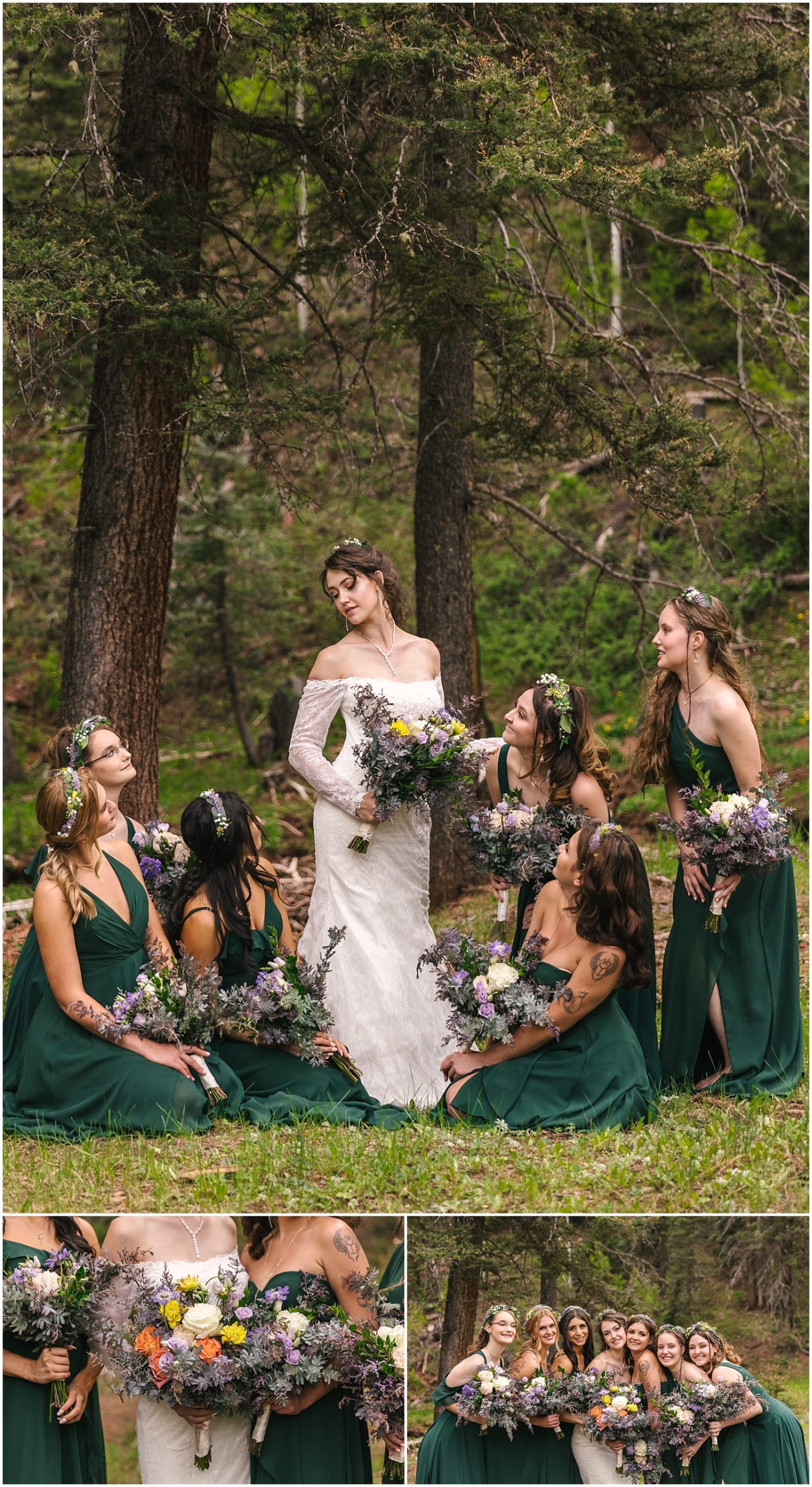 Bridesmaids in forest green dresses fawn over bride like a Greek goddess portrait