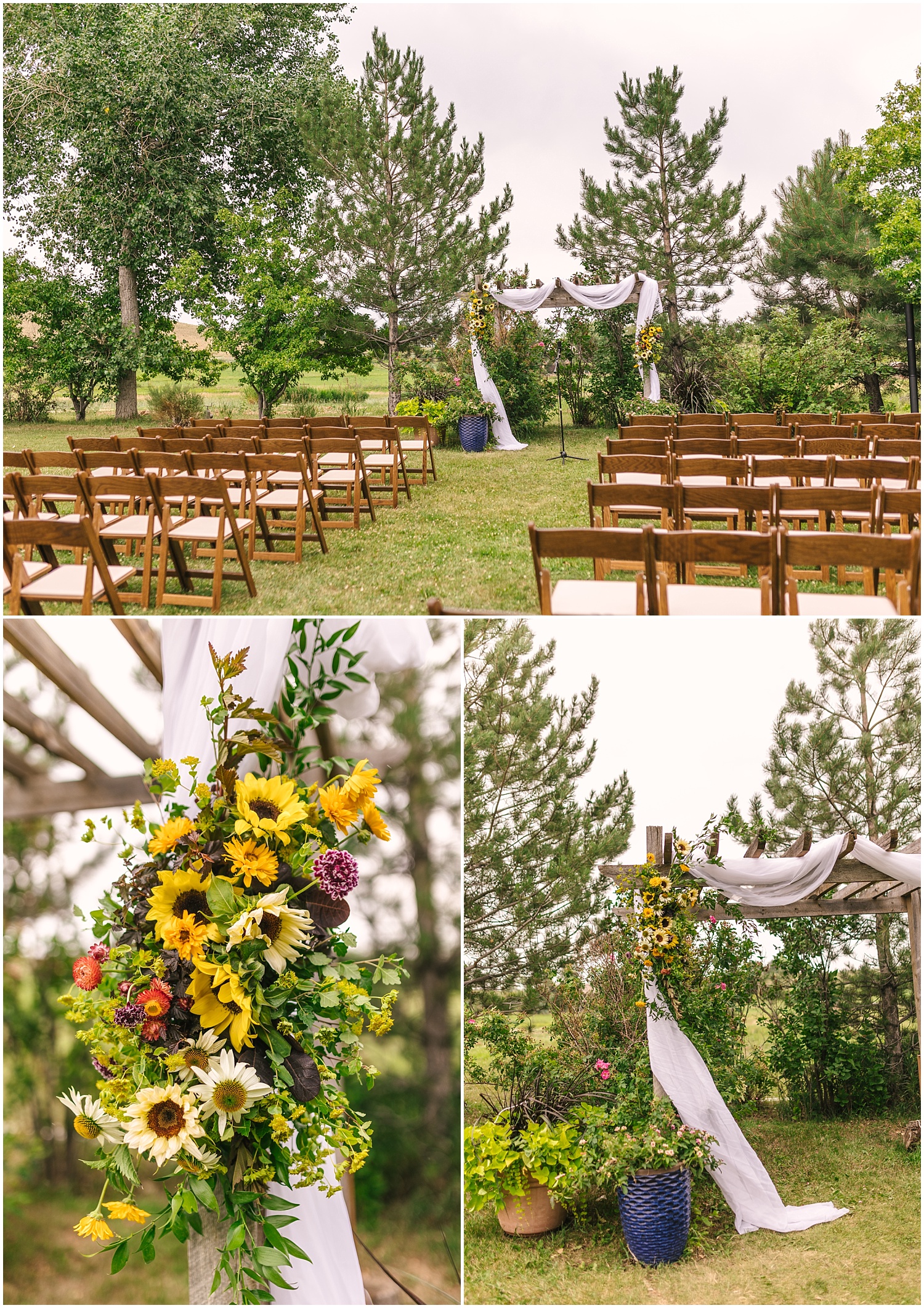 Pastures of Plenty wedding ceremony setup with flowers by Rowdy Poppy