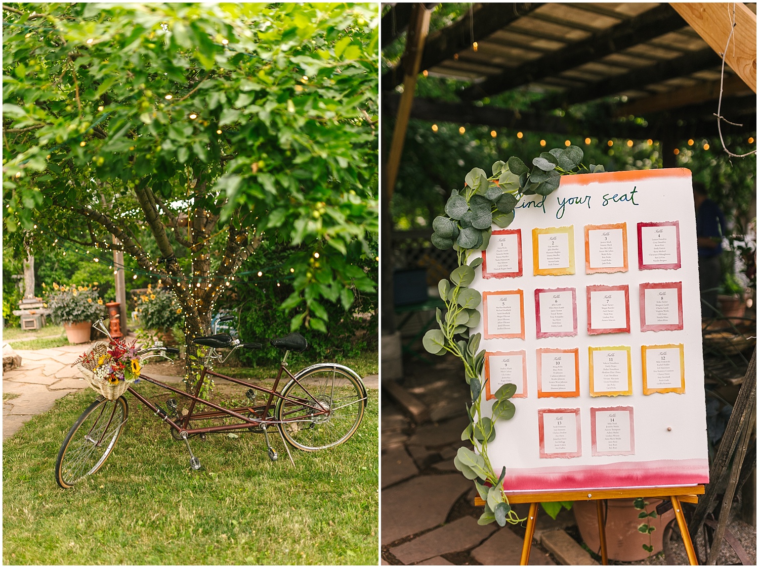 Colorful seating chart and enchanted garden vibes for Colorado wedding at Pastures of Plenty Farm