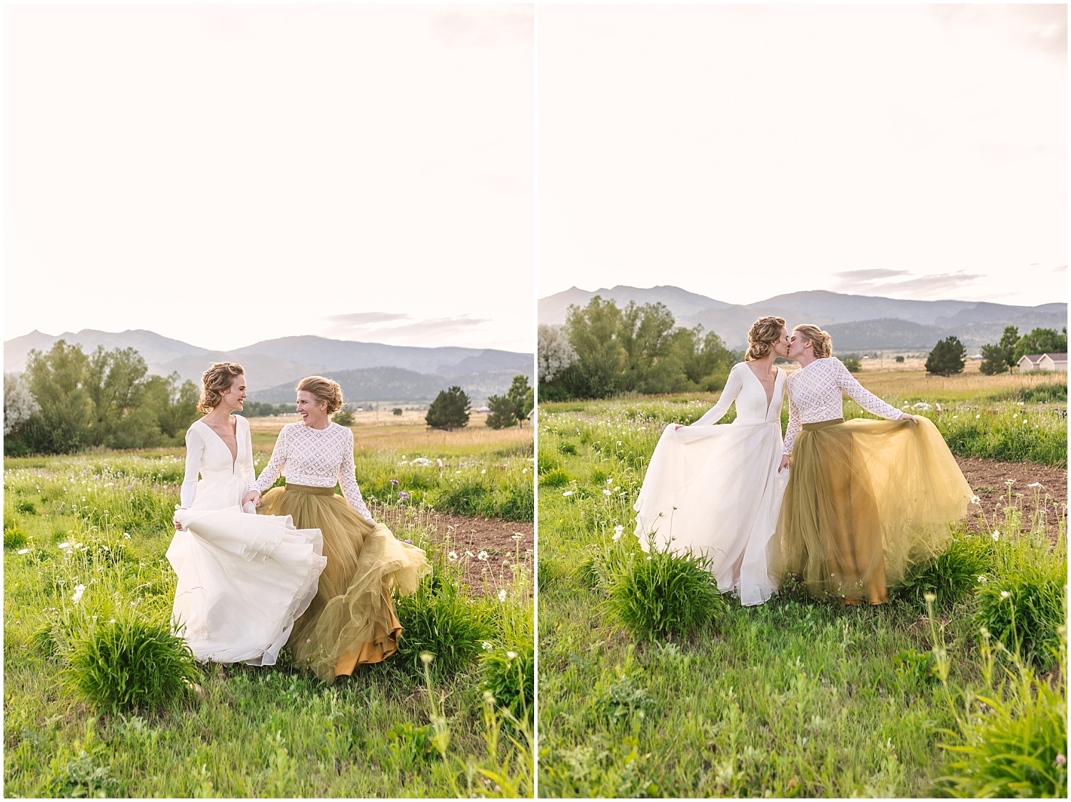 Brides dancing in the field at sunset at Pastures of Plenty wedding in Boulder Colorado