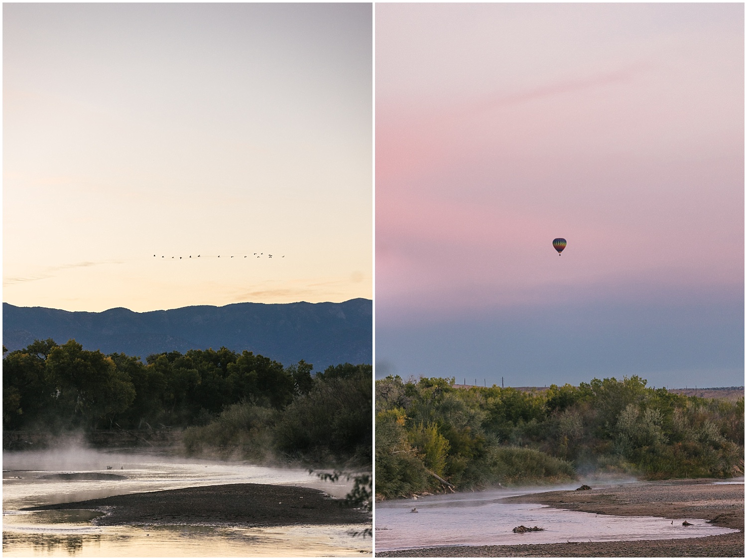 hot air balloons over the Rio Grande at sunrise