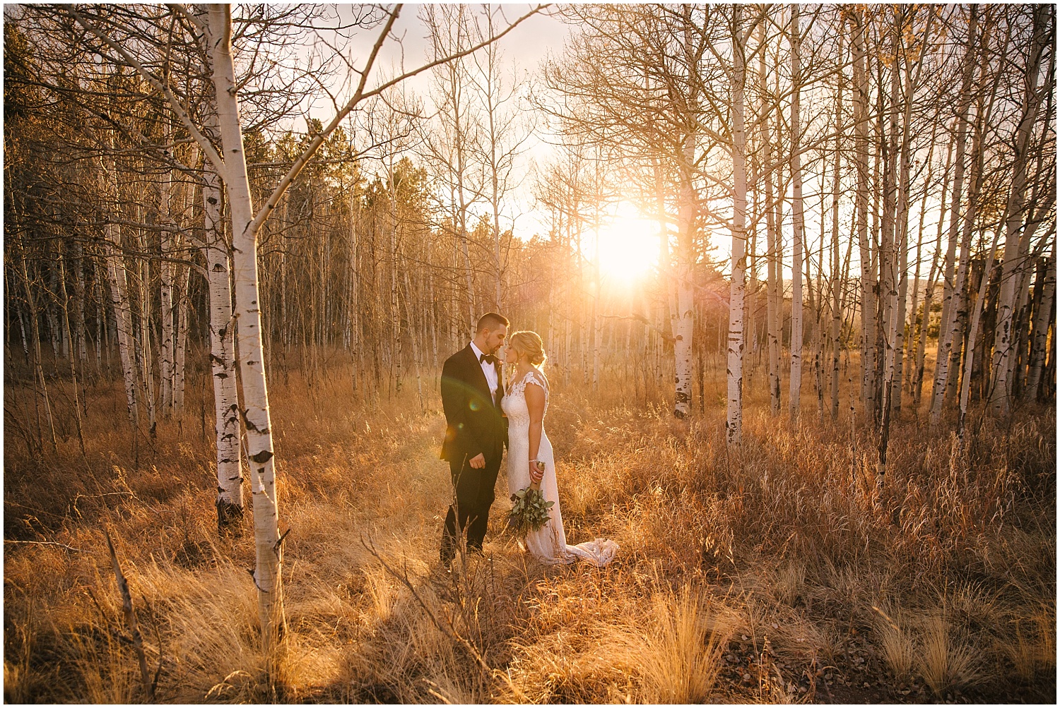 Golden hour portraits of bride and groom in Woodland Park Colorado