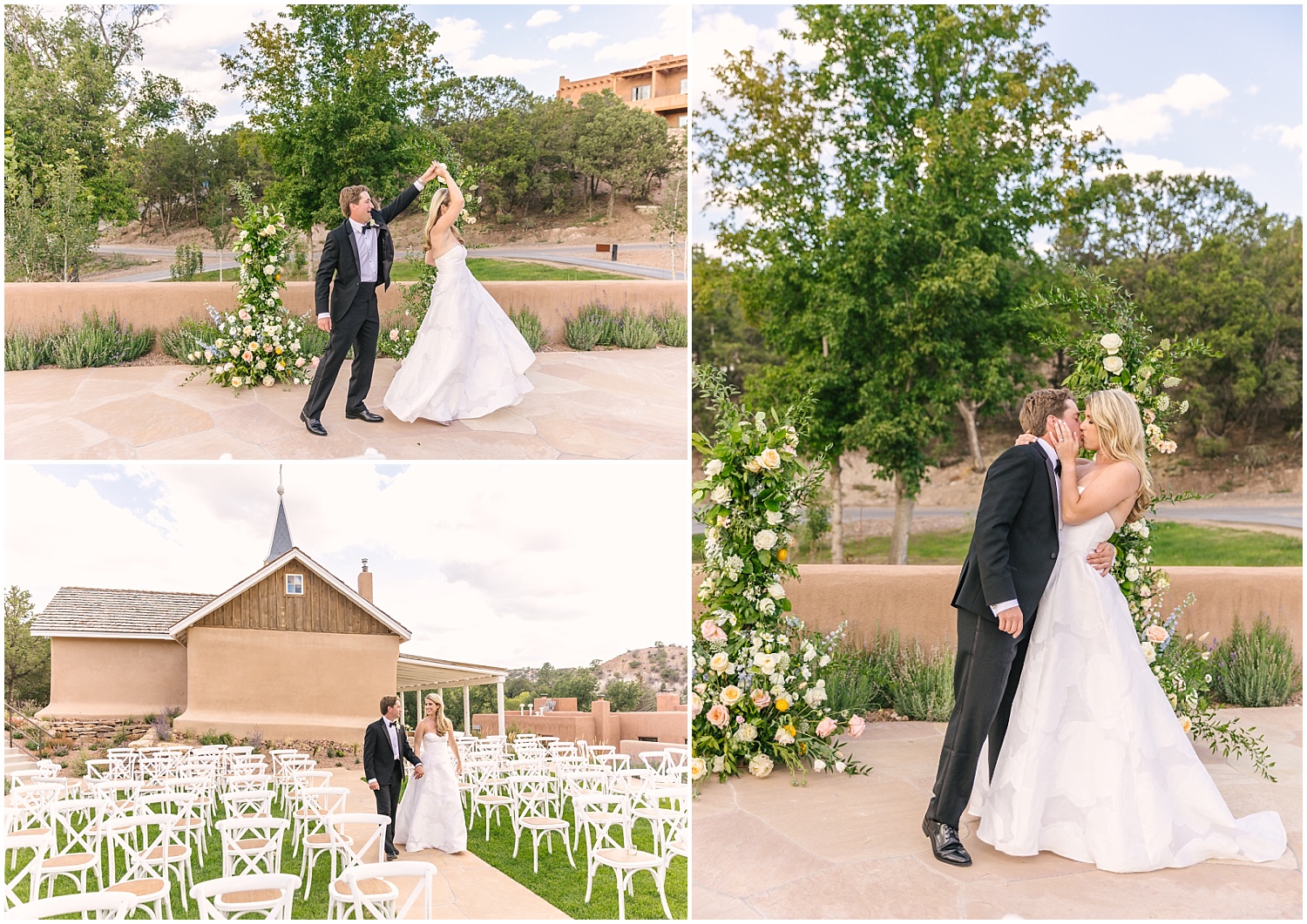 Bride and groom portraits at the historic chapel garden at Bishop's Lodge wedding venue in Santa Fe