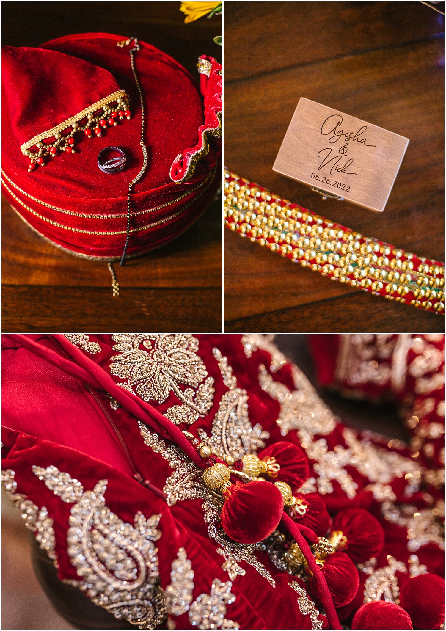 Indian wedding details: red beaded saree and groom's turban