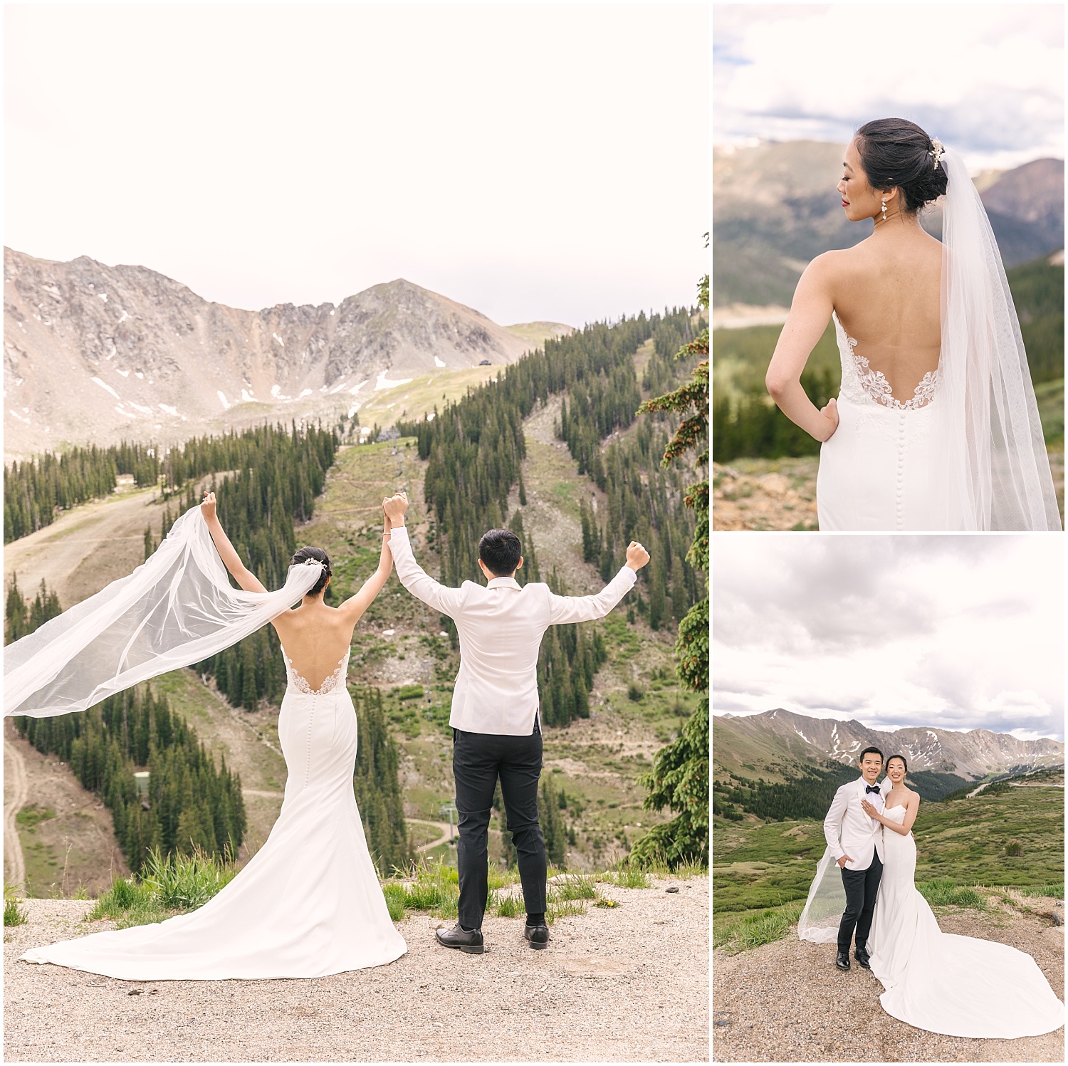 bride and groom portraits at Loveland Pass summit before wedding at Black Mountain Lodge