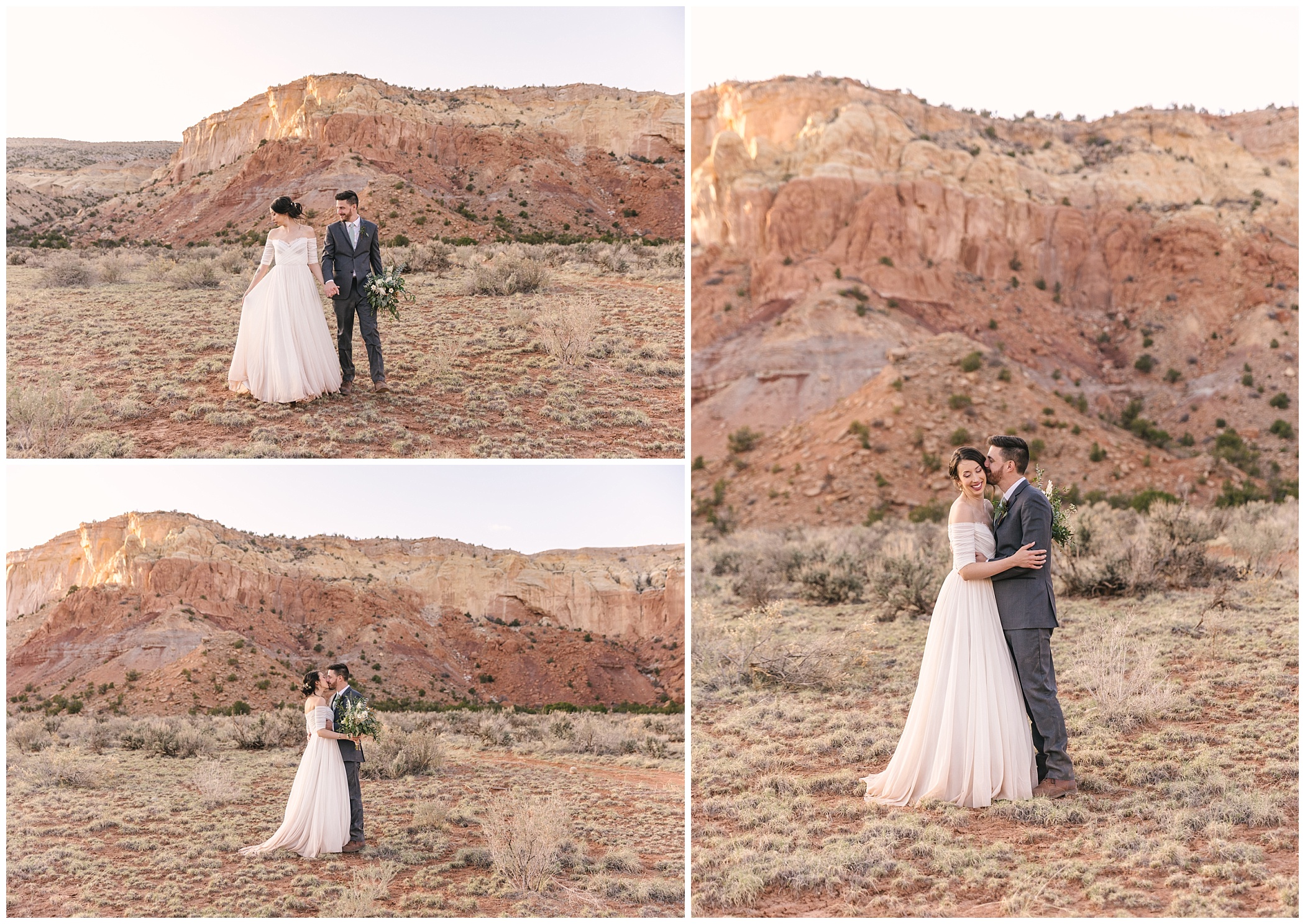 bride and groom portraits in front of red rocks at Ghost Ranch New Mexico wedding