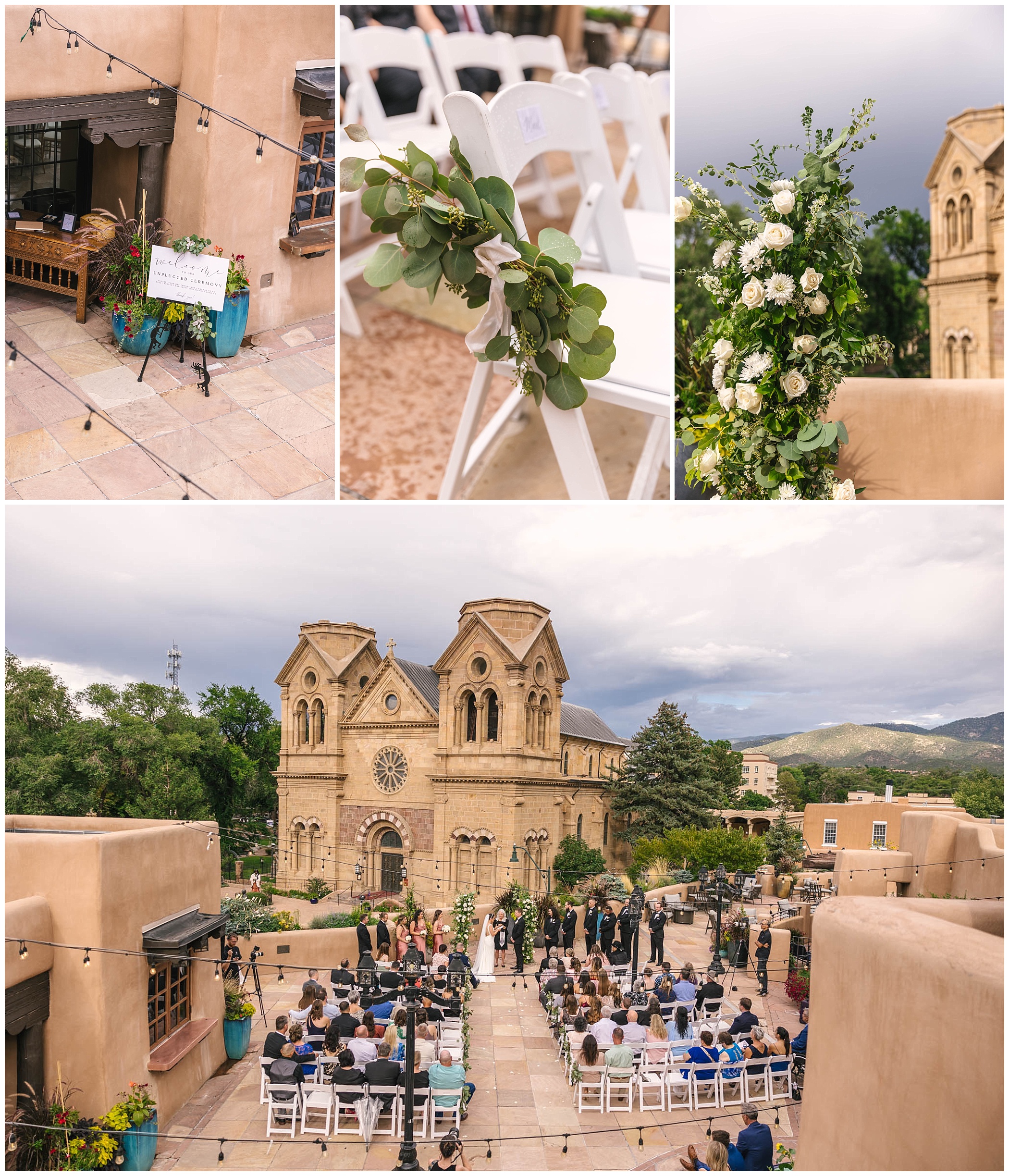 Wedding ceremony on La Terraza at La Fonda on the Plaza Santa Fe New Mexico