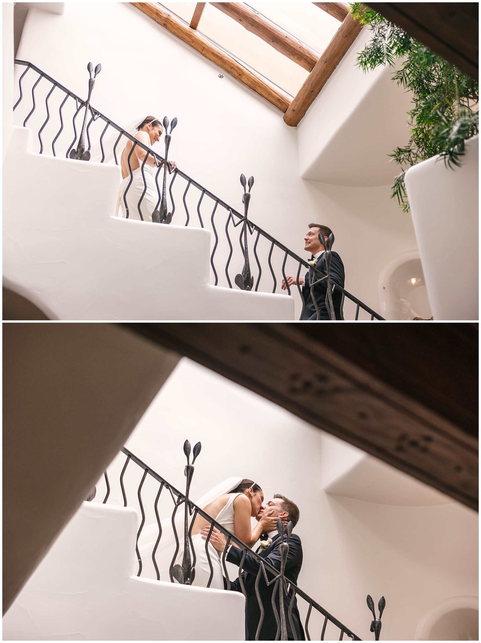 Bride and groom's first look on the stairs at La Fonda on the Plaza Santa Fe
